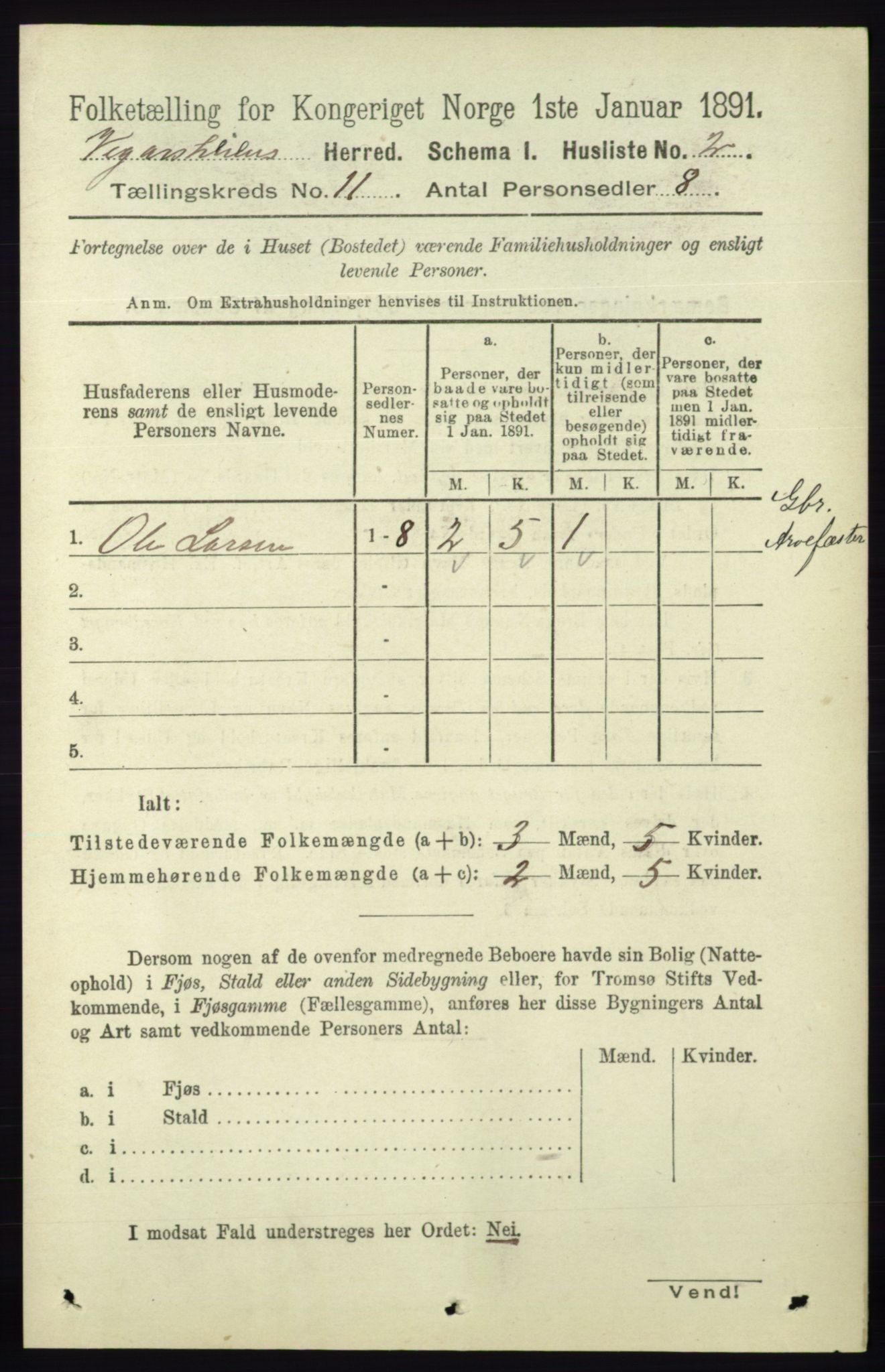 RA, 1891 census for 0912 Vegårshei, 1891, p. 2161