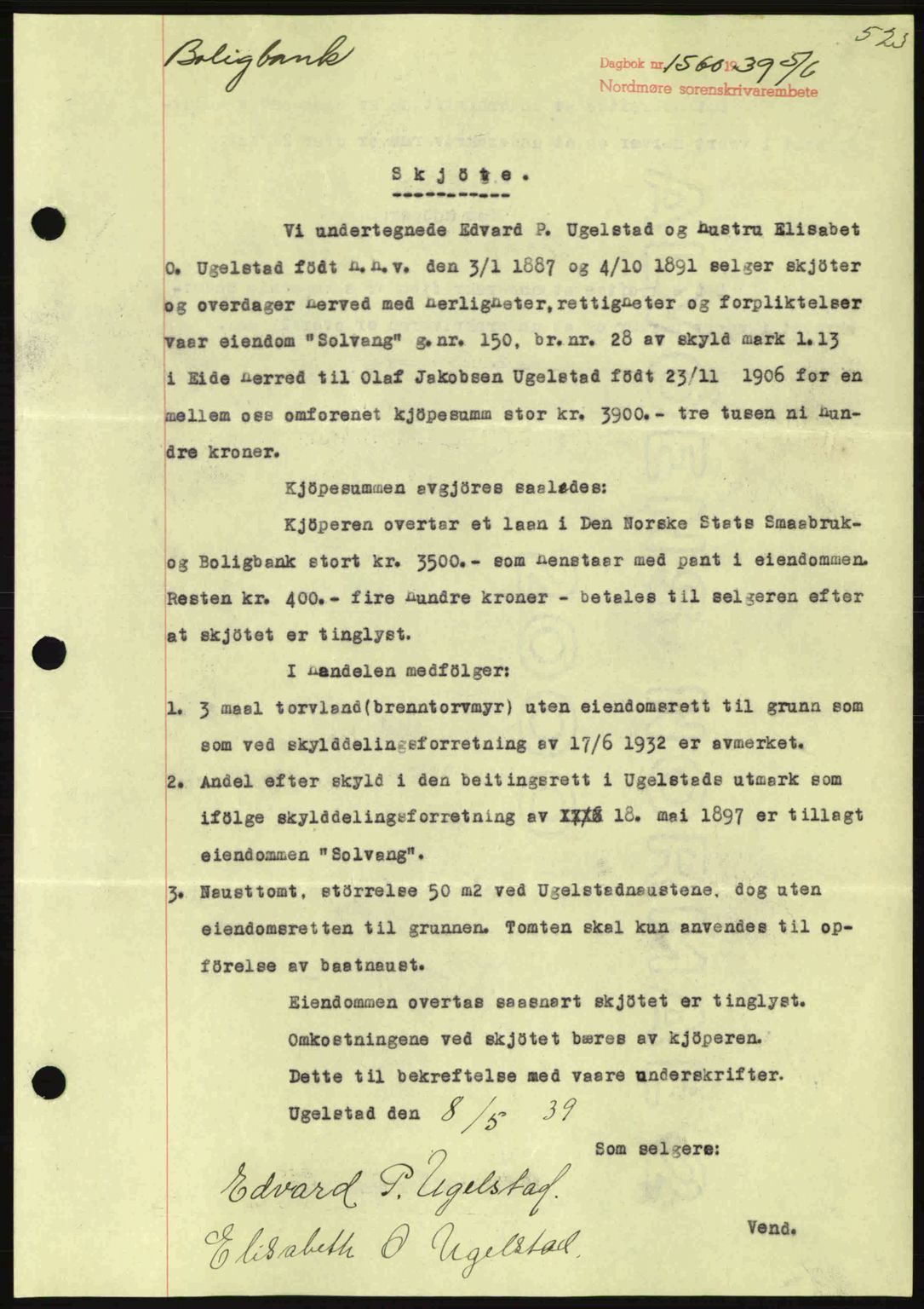 Nordmøre sorenskriveri, AV/SAT-A-4132/1/2/2Ca: Mortgage book no. A86, 1939-1939, Diary no: : 1560/1939