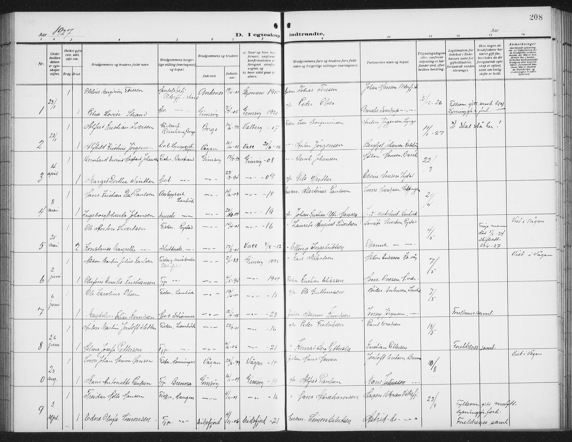 Ministerialprotokoller, klokkerbøker og fødselsregistre - Nordland, SAT/A-1459/876/L1106: Parish register (copy) no. 876C05, 1915-1942, p. 208