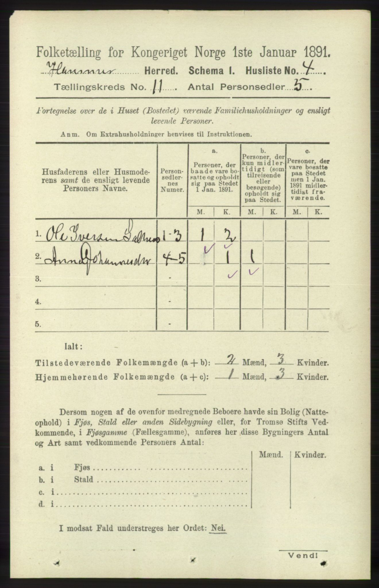 RA, 1891 census for 1254 Hamre, 1891, p. 3123