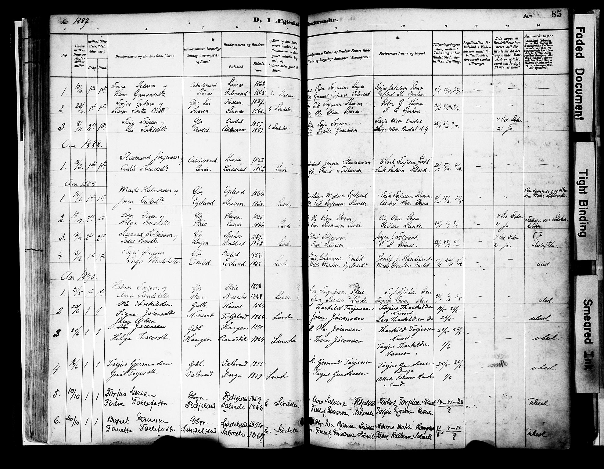 Sirdal sokneprestkontor, AV/SAK-1111-0036/F/Fa/Faa/L0001: Parish register (official) no. A 1, 1887-1910, p. 85