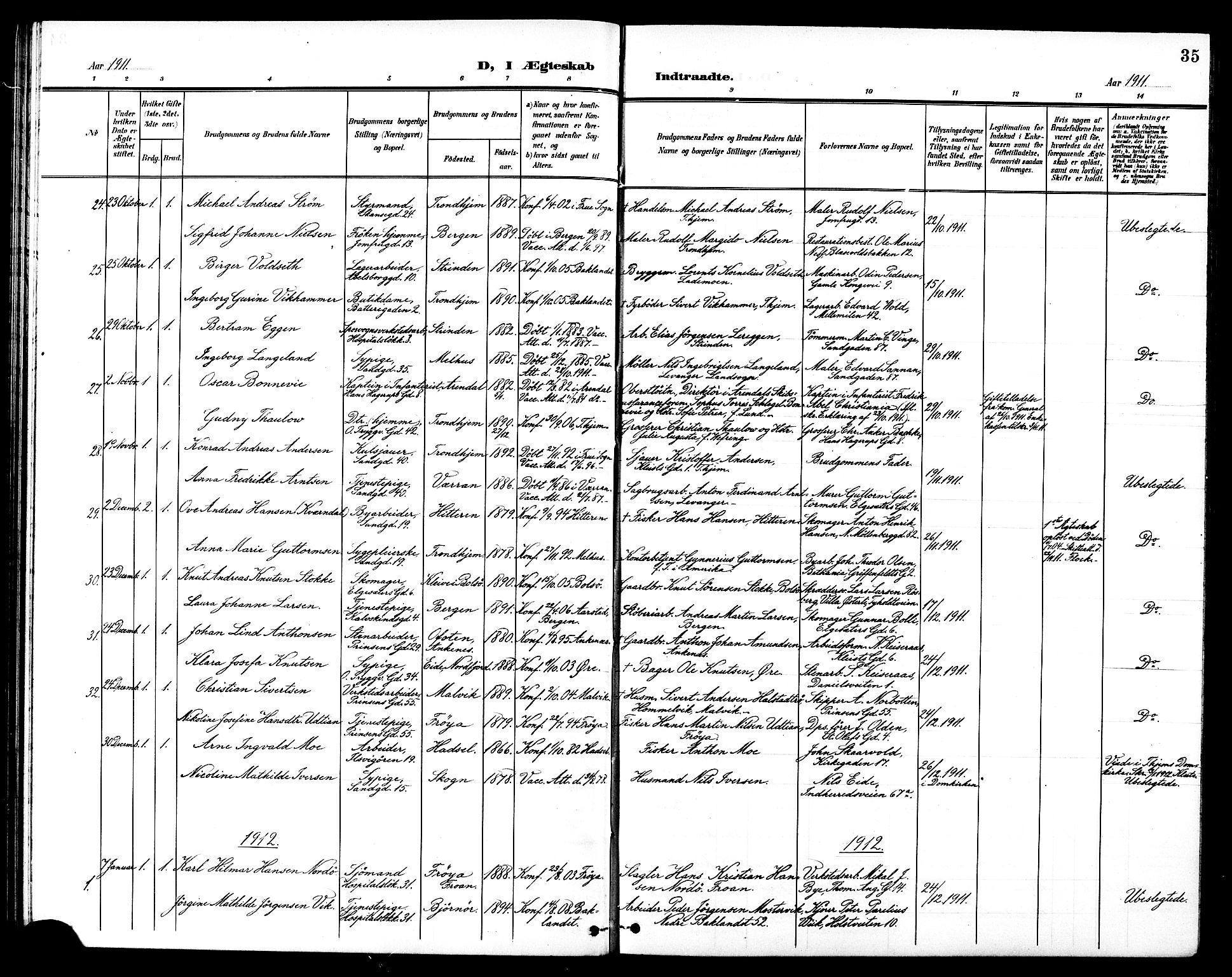 Ministerialprotokoller, klokkerbøker og fødselsregistre - Sør-Trøndelag, AV/SAT-A-1456/602/L0145: Parish register (copy) no. 602C13, 1902-1919, p. 35