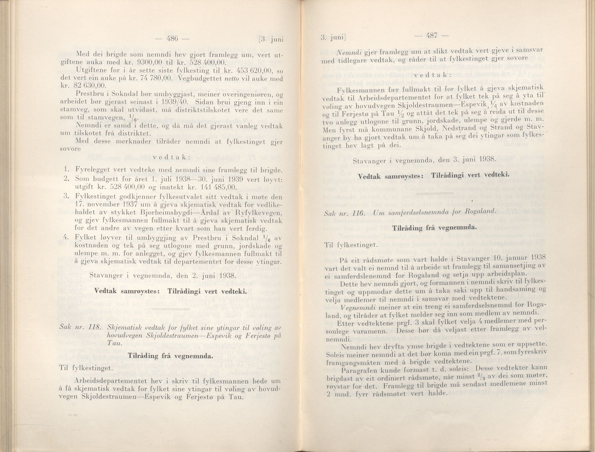 Rogaland fylkeskommune - Fylkesrådmannen , IKAR/A-900/A/Aa/Aaa/L0057: Møtebok , 1938, p. 486-487