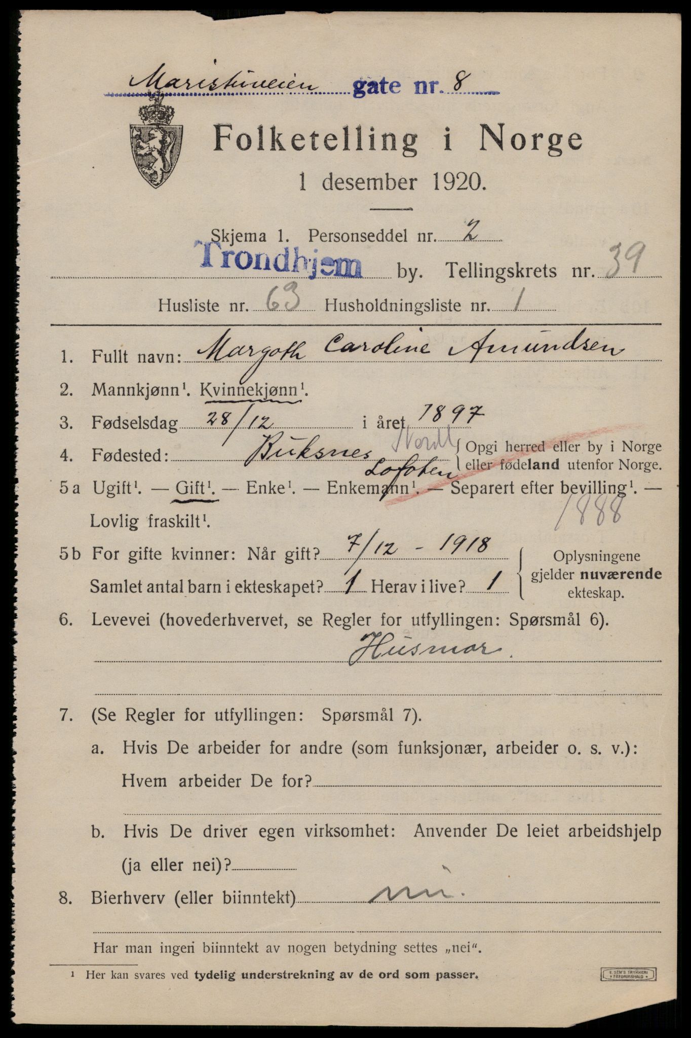 SAT, 1920 census for Trondheim, 1920, p. 89406