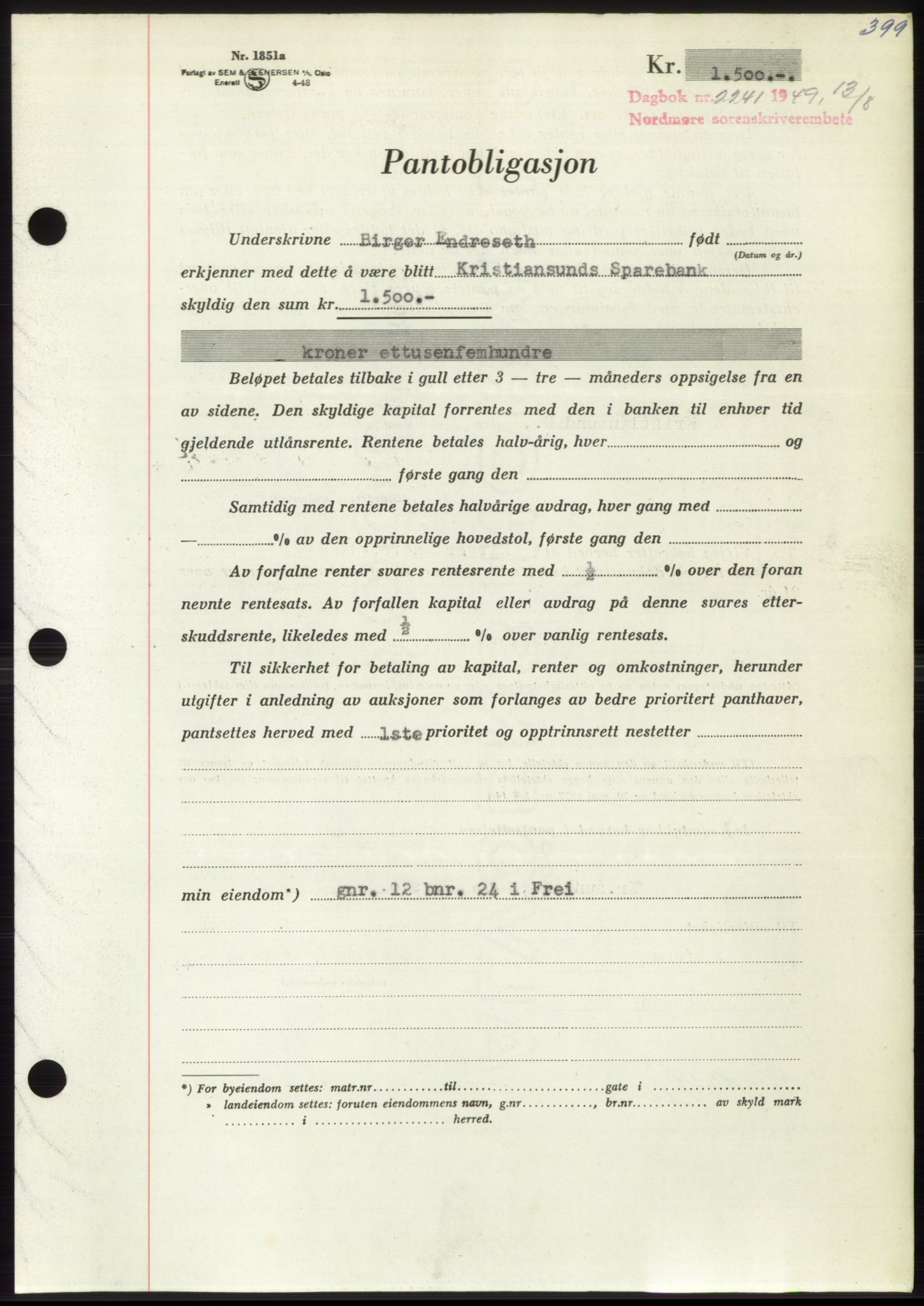 Nordmøre sorenskriveri, AV/SAT-A-4132/1/2/2Ca: Mortgage book no. B102, 1949-1949, Diary no: : 2241/1949