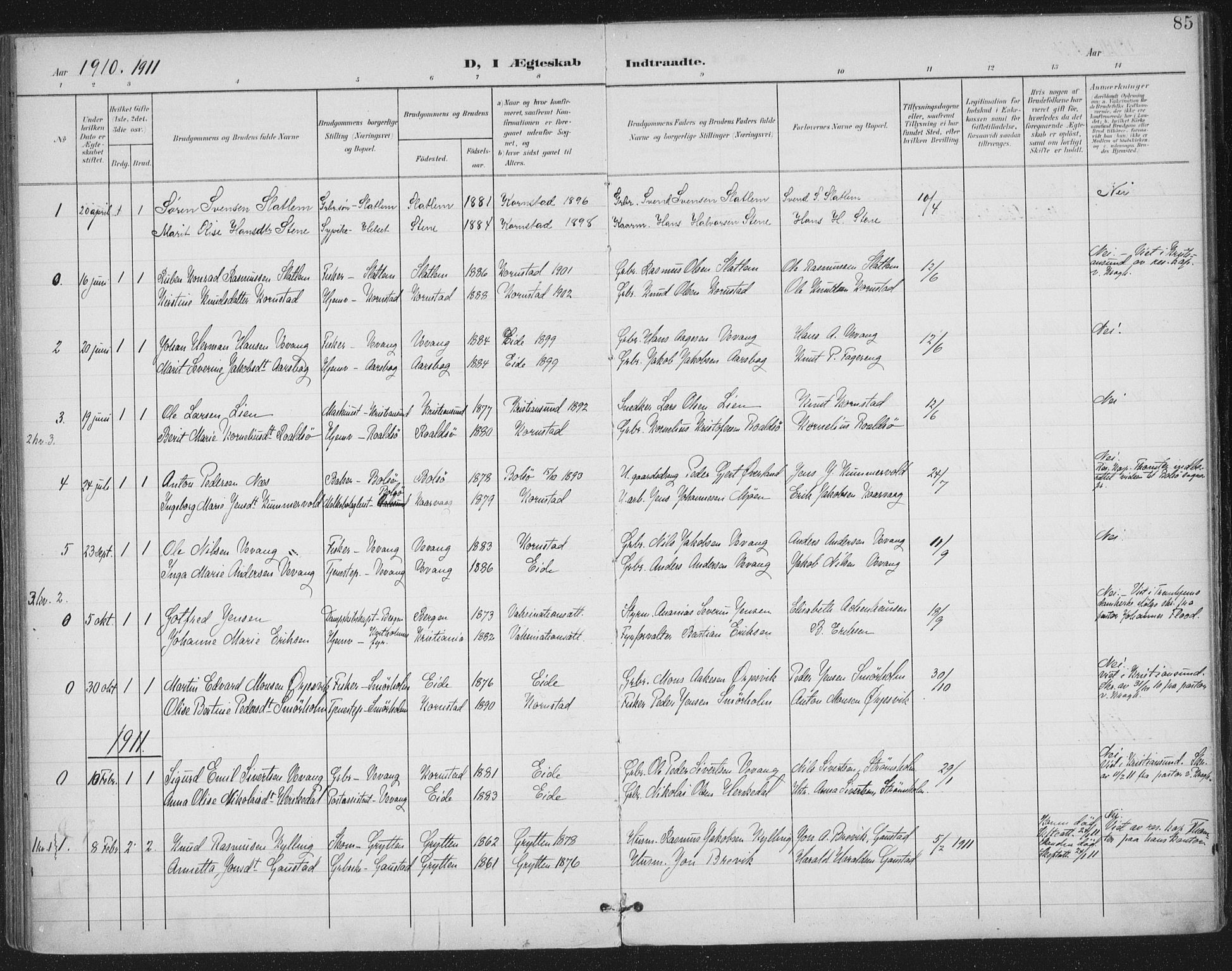 Ministerialprotokoller, klokkerbøker og fødselsregistre - Møre og Romsdal, SAT/A-1454/570/L0833: Parish register (official) no. 570A07, 1901-1914, p. 85