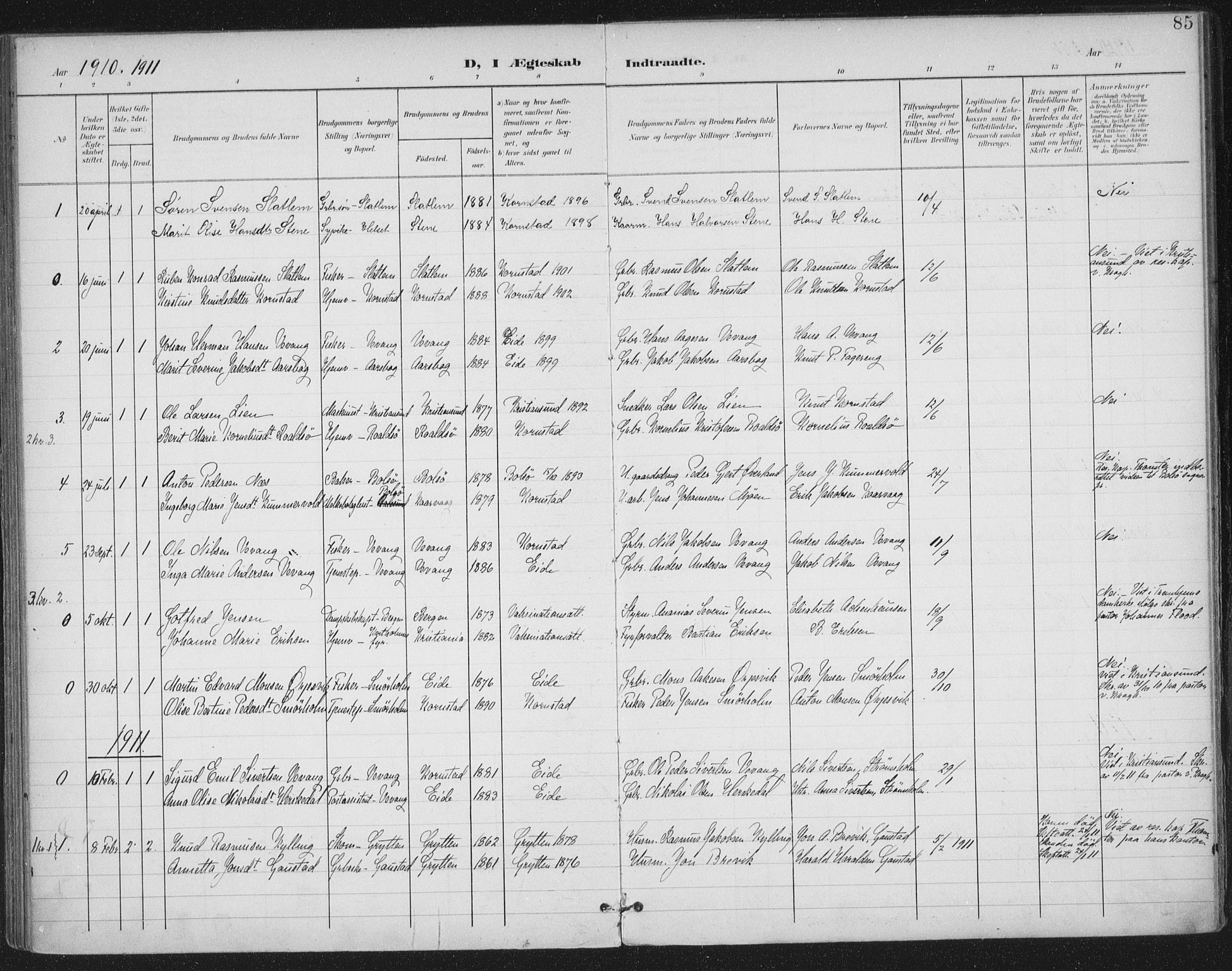 Ministerialprotokoller, klokkerbøker og fødselsregistre - Møre og Romsdal, AV/SAT-A-1454/570/L0833: Parish register (official) no. 570A07, 1901-1914, p. 85