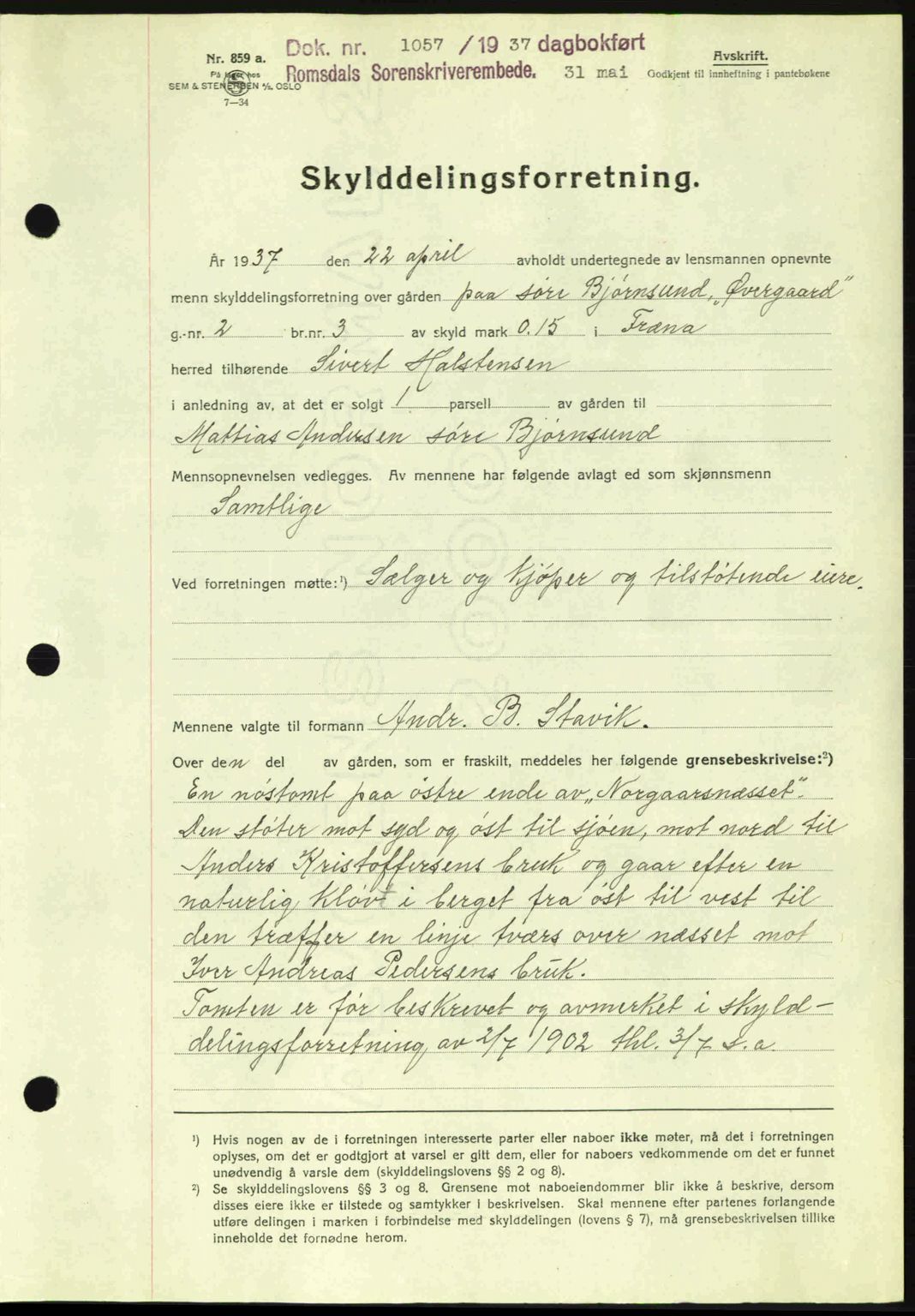 Romsdal sorenskriveri, SAT/A-4149/1/2/2C: Mortgage book no. A3, 1937-1937, Diary no: : 1057/1937