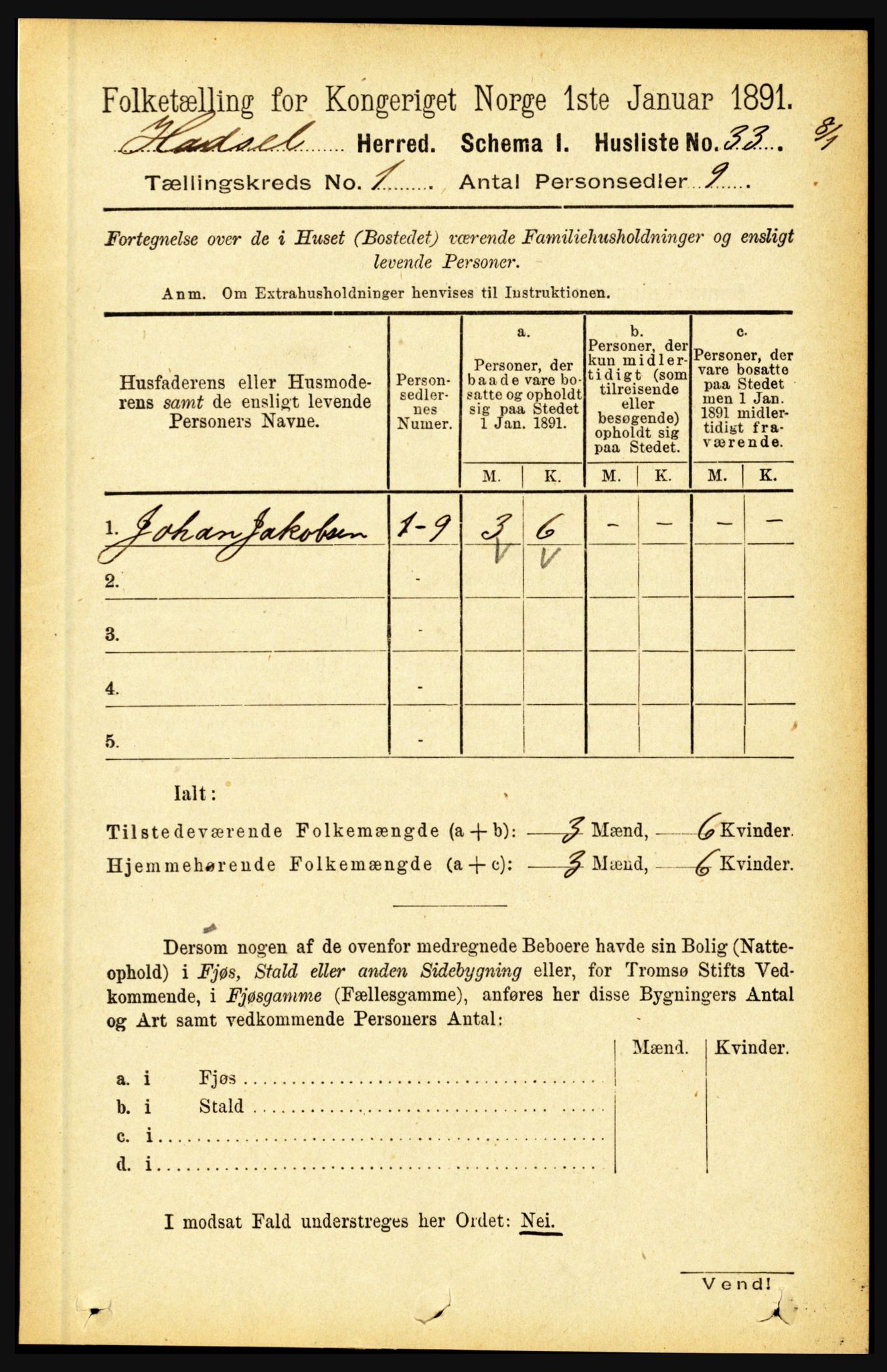 RA, 1891 census for 1866 Hadsel, 1891, p. 73