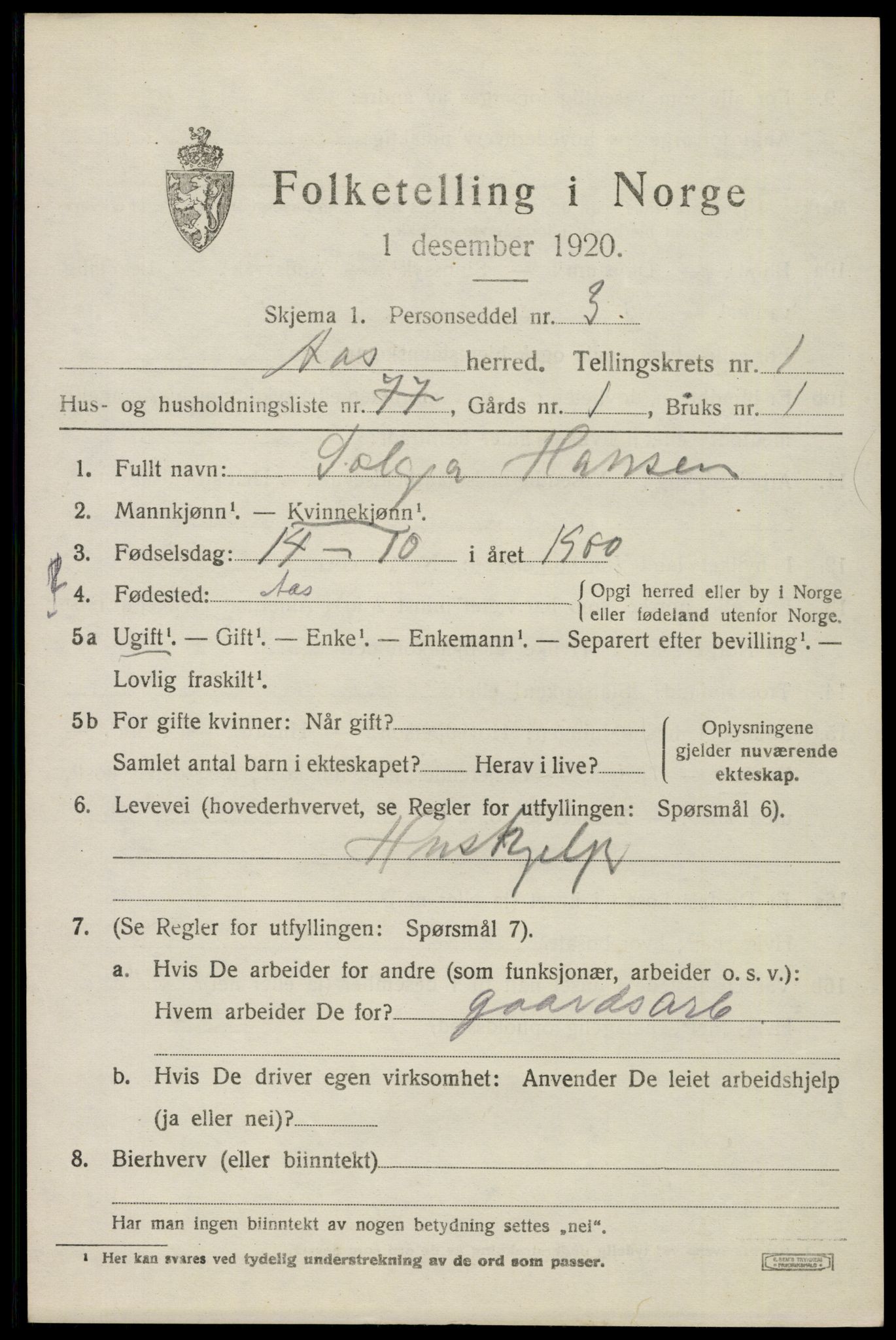 SAO, 1920 census for Ås, 1920, p. 2140