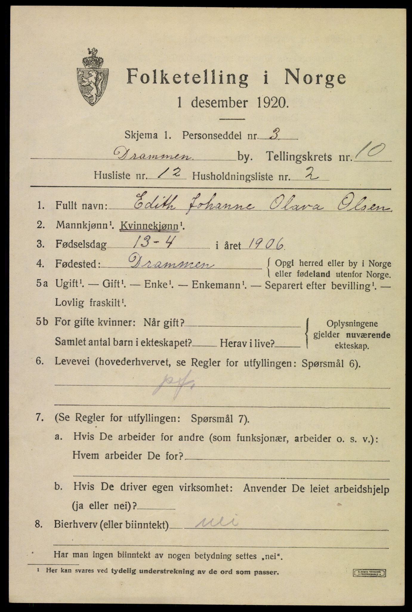 SAKO, 1920 census for Drammen, 1920, p. 62429