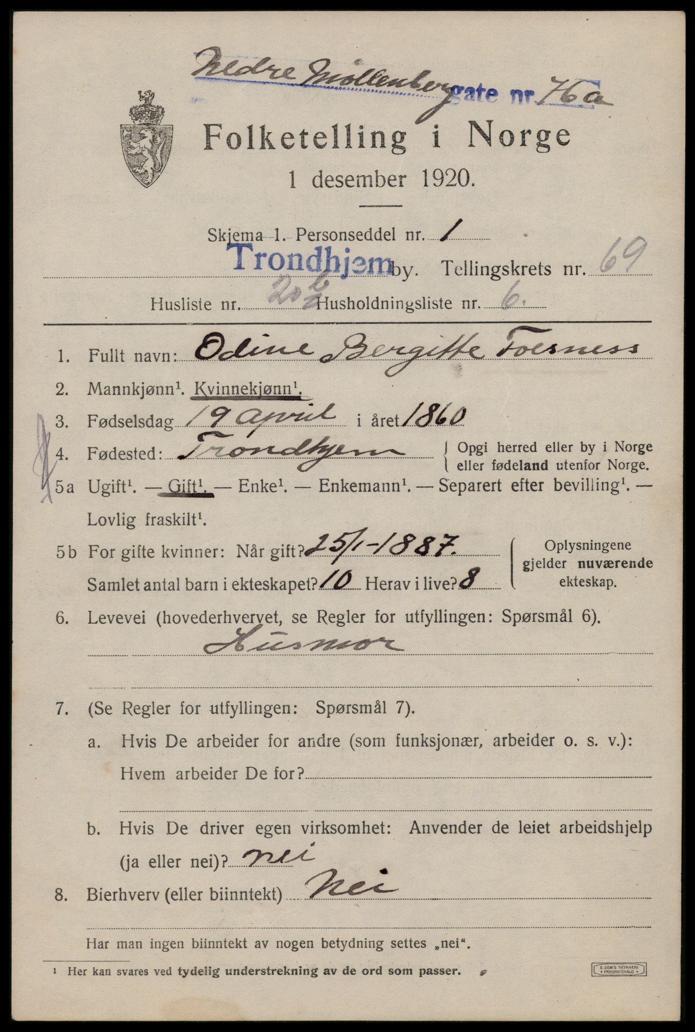 SAT, 1920 census for Trondheim, 1920, p. 134524