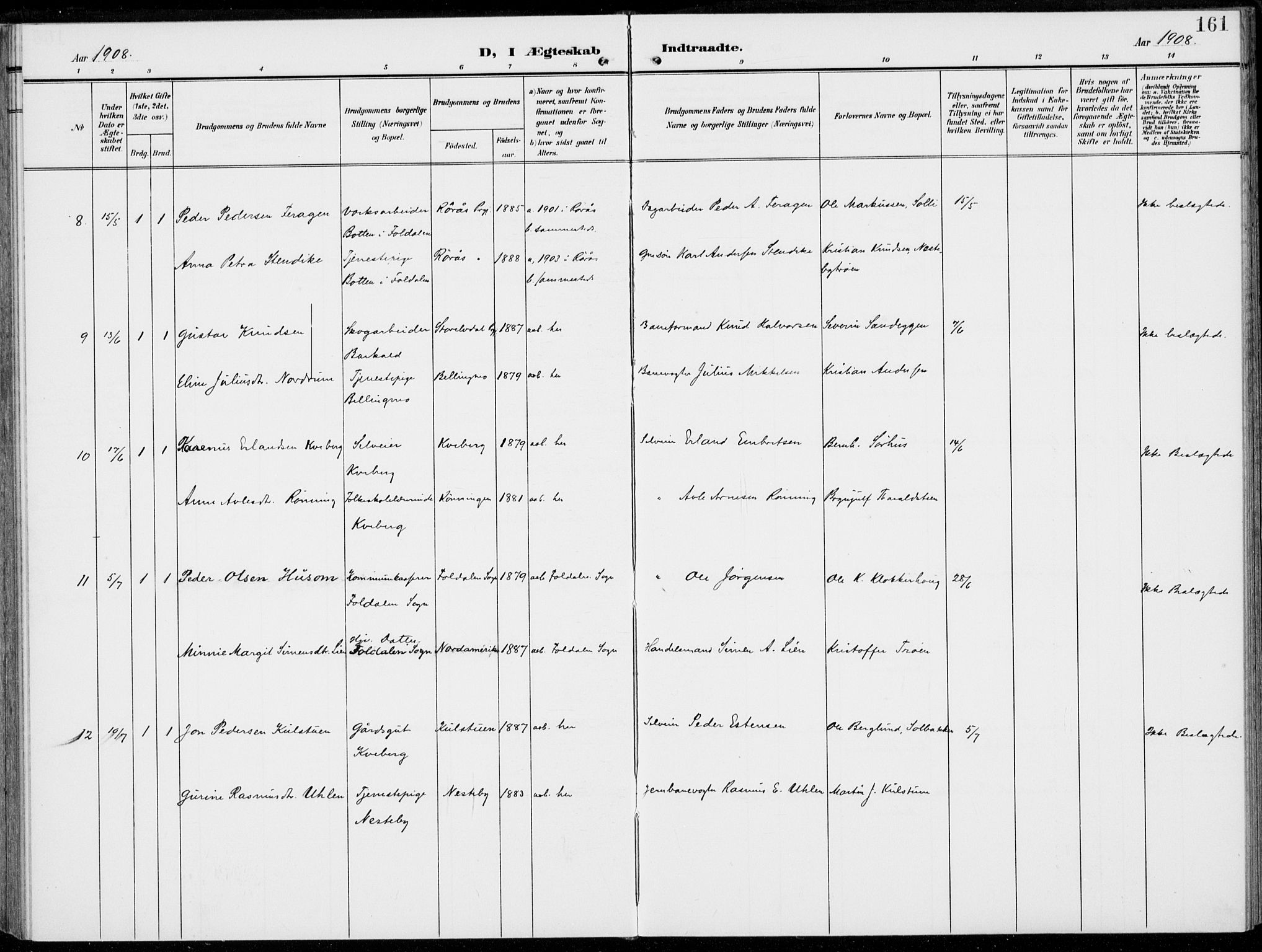 Alvdal prestekontor, AV/SAH-PREST-060/H/Ha/Haa/L0004: Parish register (official) no. 4, 1907-1919, p. 161