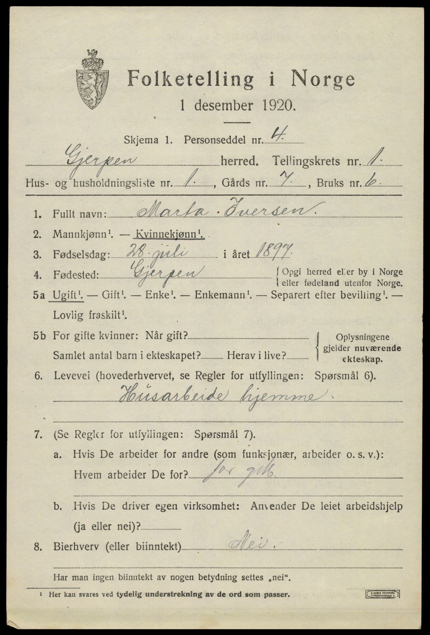 SAKO, 1920 census for Gjerpen, 1920, p. 2698