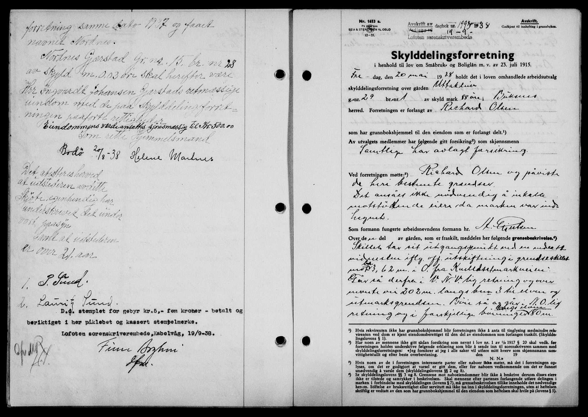 Lofoten sorenskriveri, SAT/A-0017/1/2/2C/L0004a: Mortgage book no. 4a, 1938-1938, Diary no: : 1993/1938