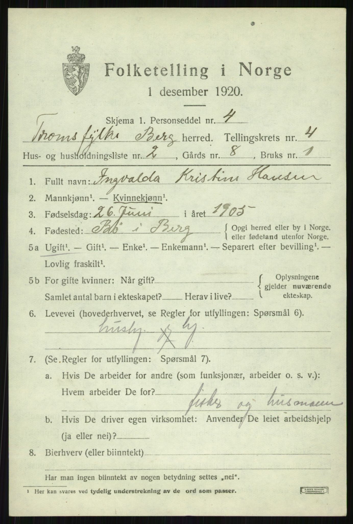 SATØ, 1920 census for Berg, 1920, p. 1537