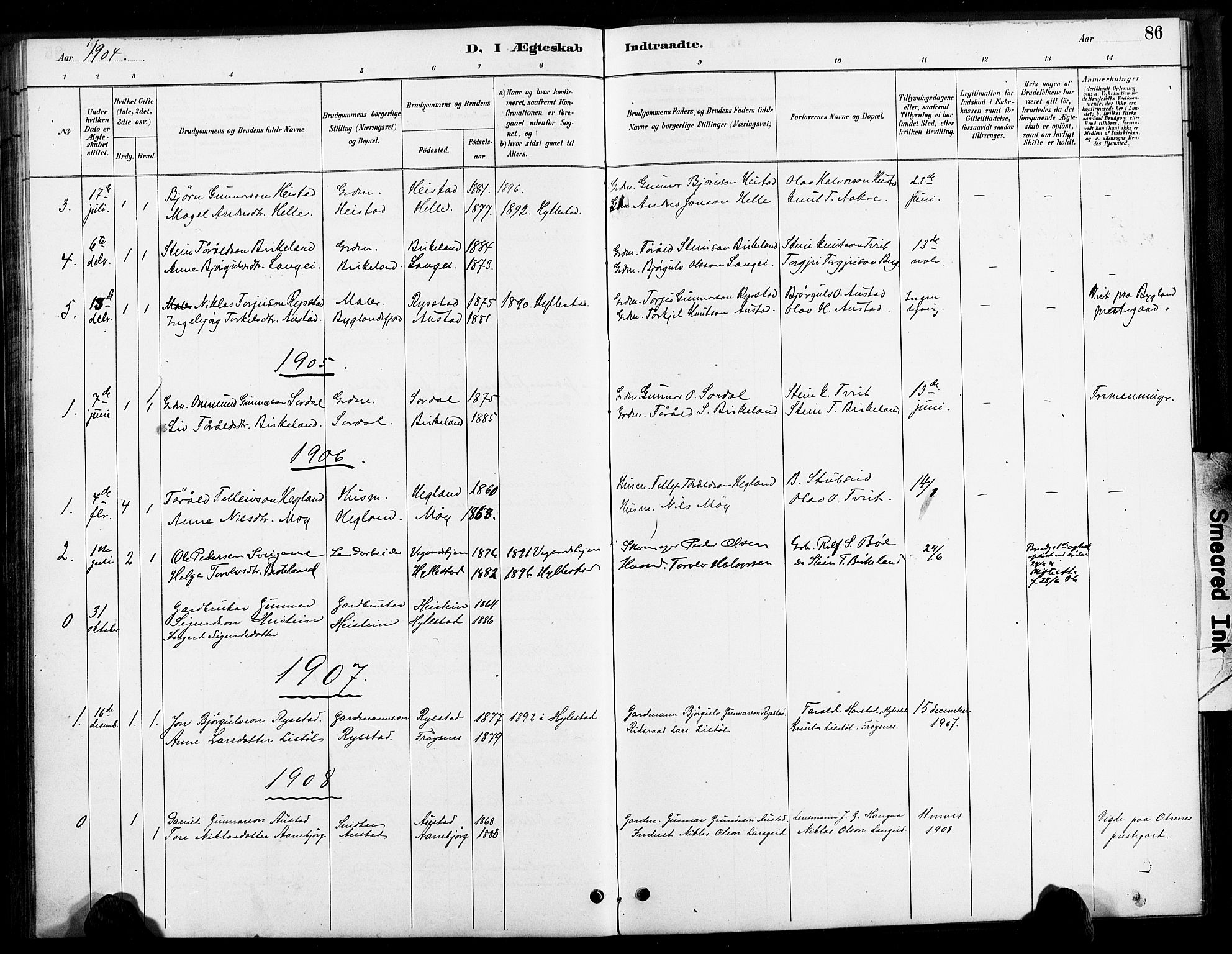 Bygland sokneprestkontor, AV/SAK-1111-0006/F/Fa/Faa/L0001: Parish register (official) no. A 1, 1885-1908, p. 86