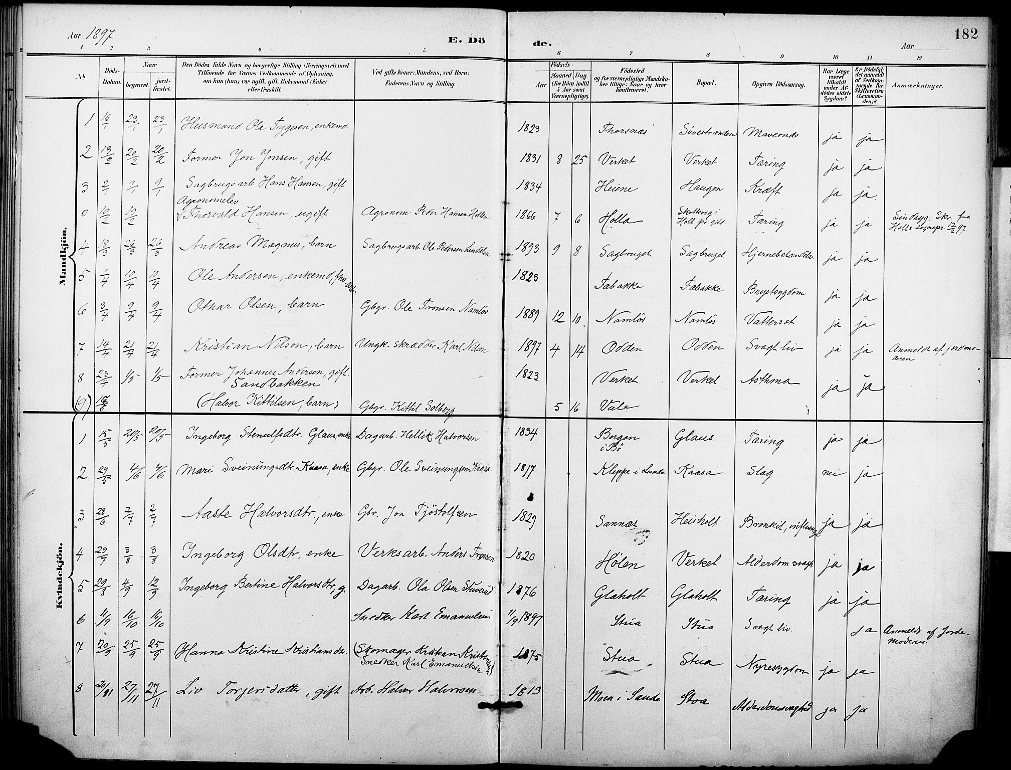 Holla kirkebøker, SAKO/A-272/F/Fa/L0010: Parish register (official) no. 10, 1897-1907, p. 182
