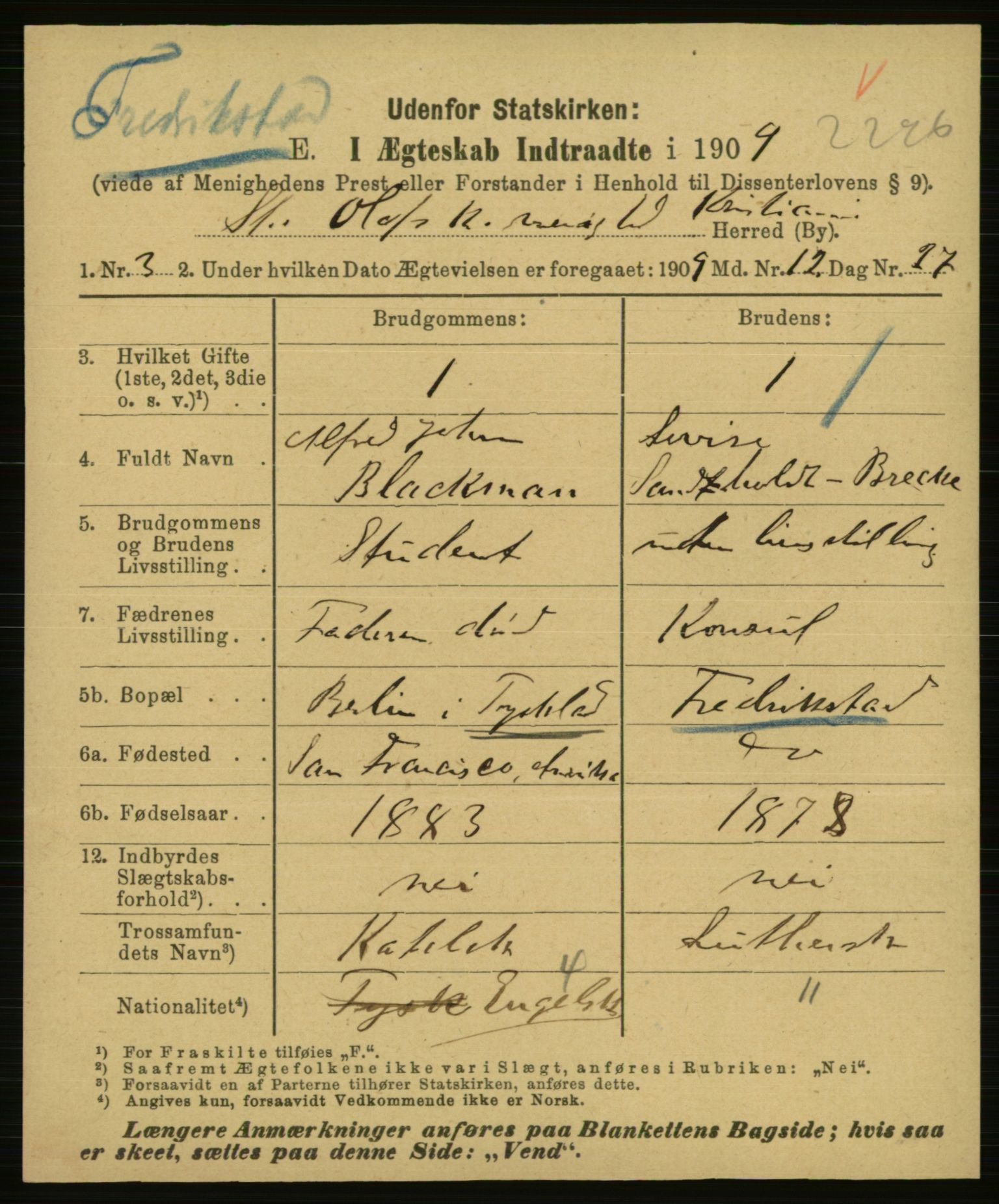 Statistisk sentralbyrå, Sosiodemografiske emner, Befolkning, AV/RA-S-2228/E/L0007: Fødte, gifte, døde dissentere., 1909, p. 1763