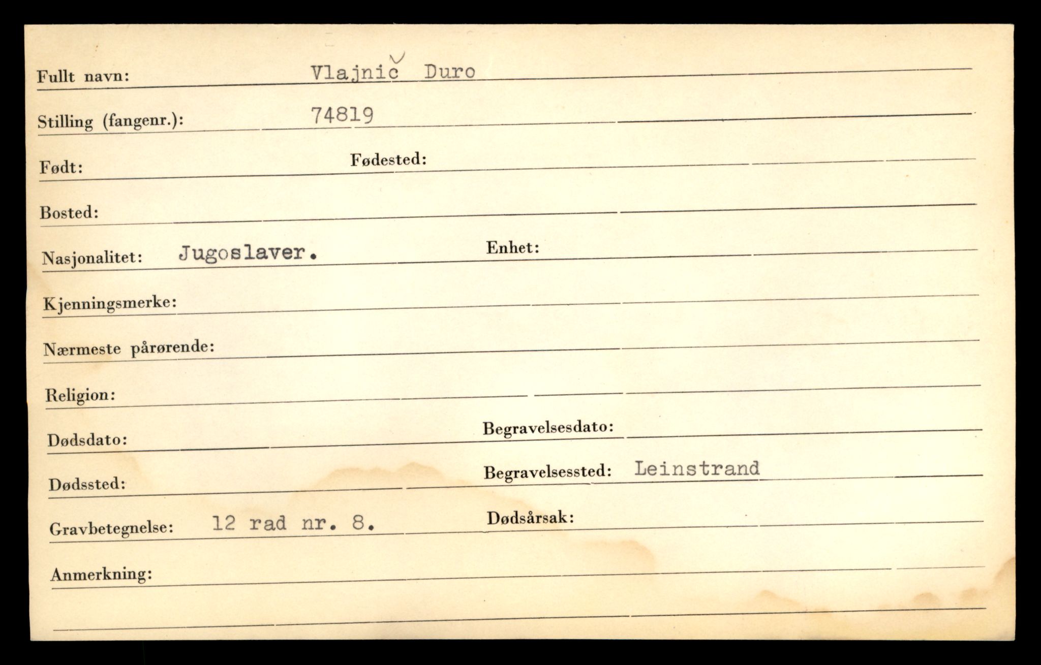 Distriktskontoret for krigsgraver, SAT/A-5030/E/L0005: Kasett/kartotek over falne Britiske og tyske solater, samt andre nasjoners krigsgraver, 1945, p. 1859