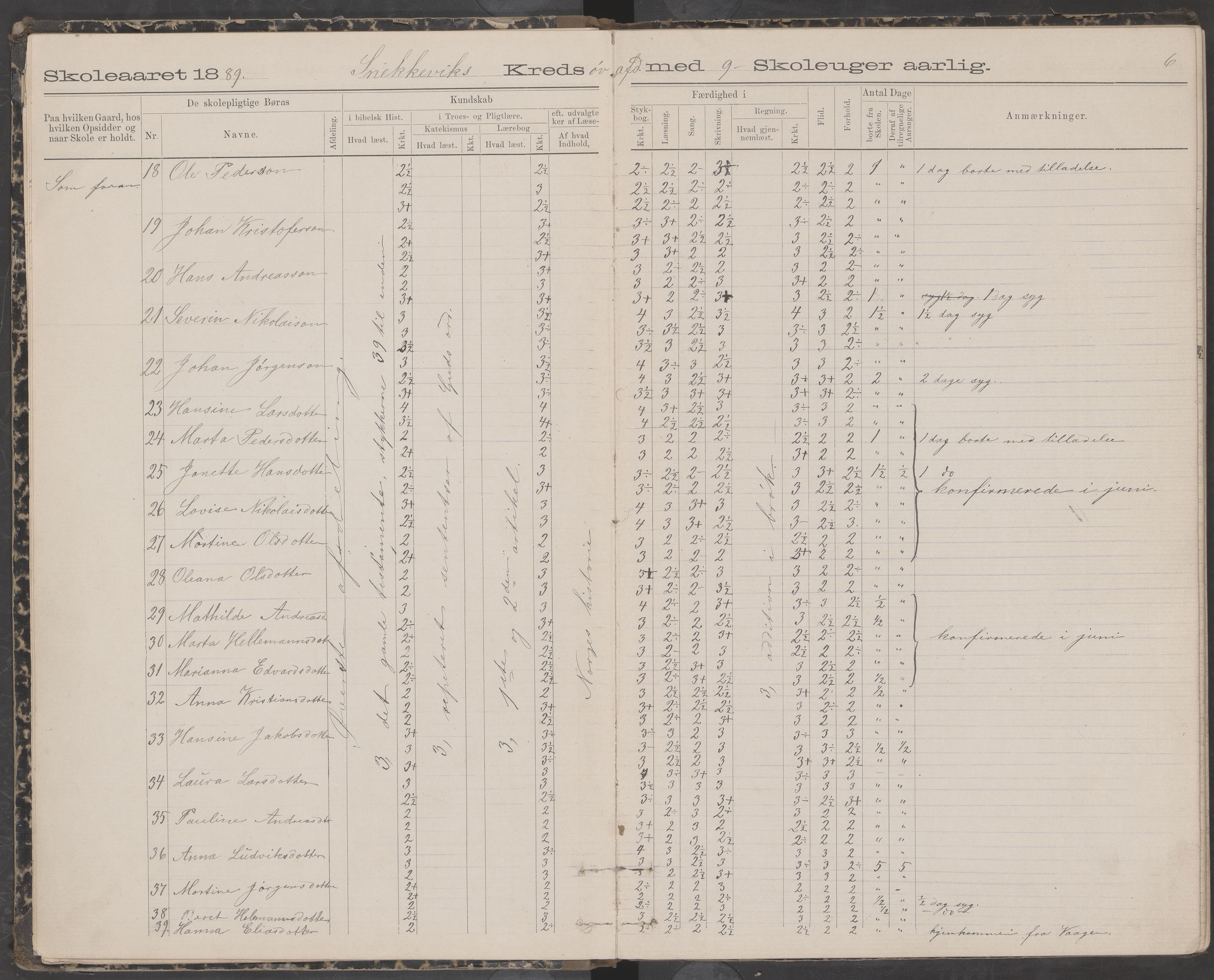 Dønna kommune. Snekkevik skolekrets, AIN/K-18270.510.07/442/L0002: Skoleprotokoll, 1888-1893