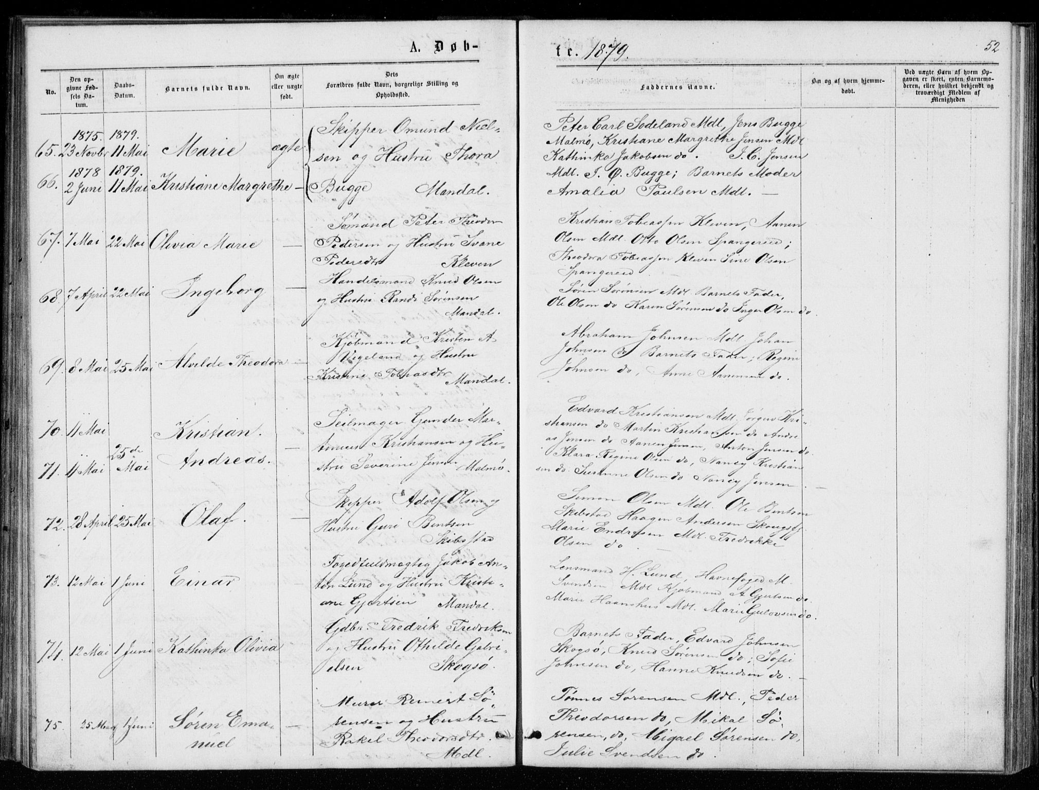 Mandal sokneprestkontor, AV/SAK-1111-0030/F/Fb/Fba/L0010: Parish register (copy) no. B 4, 1876-1880, p. 52