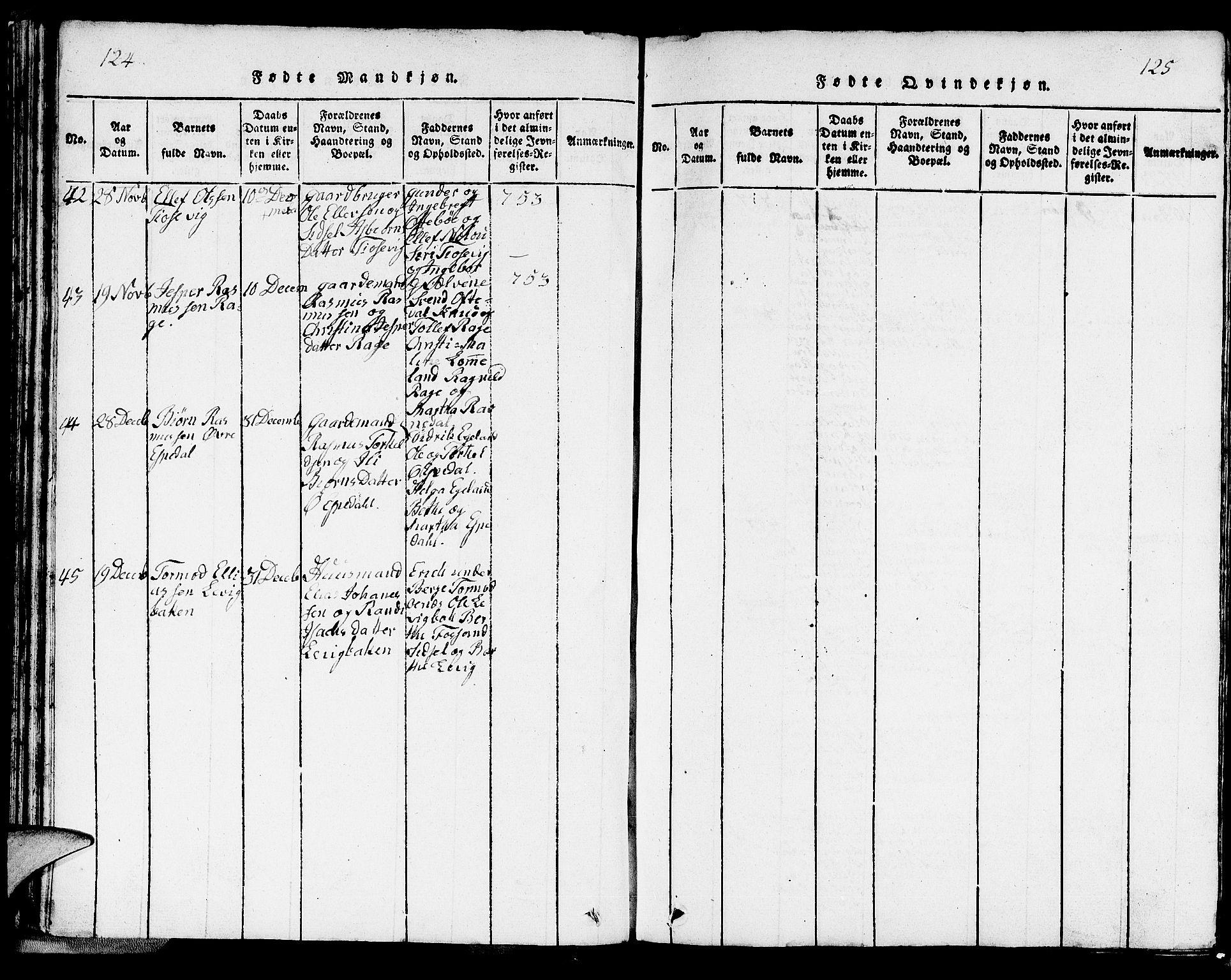 Strand sokneprestkontor, AV/SAST-A-101828/H/Ha/Hab/L0002: Parish register (copy) no. B 2, 1816-1854, p. 124-125