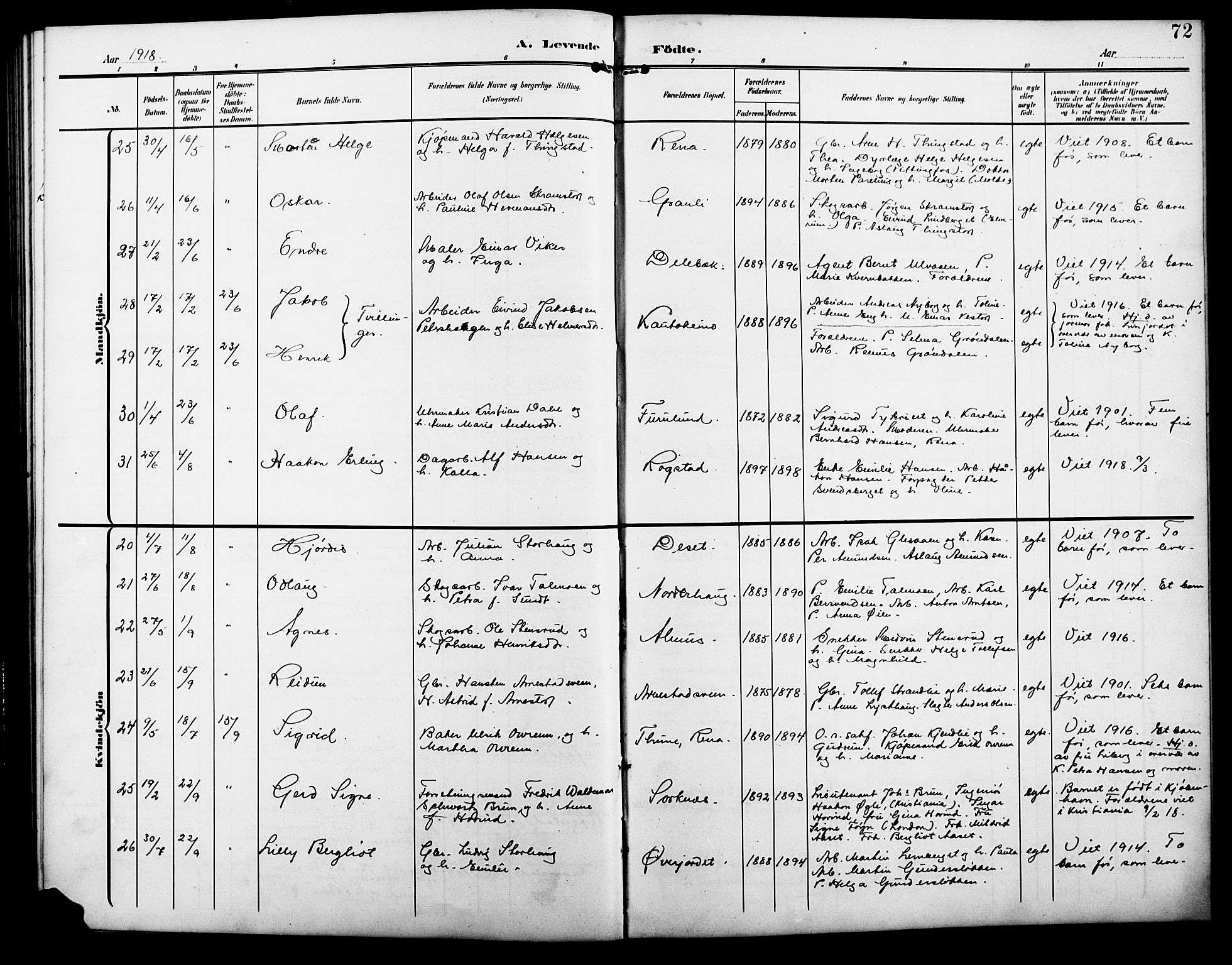 Åmot prestekontor, Hedmark, AV/SAH-PREST-056/H/Ha/Hab/L0004: Parish register (copy) no. 4, 1905-1920, p. 72