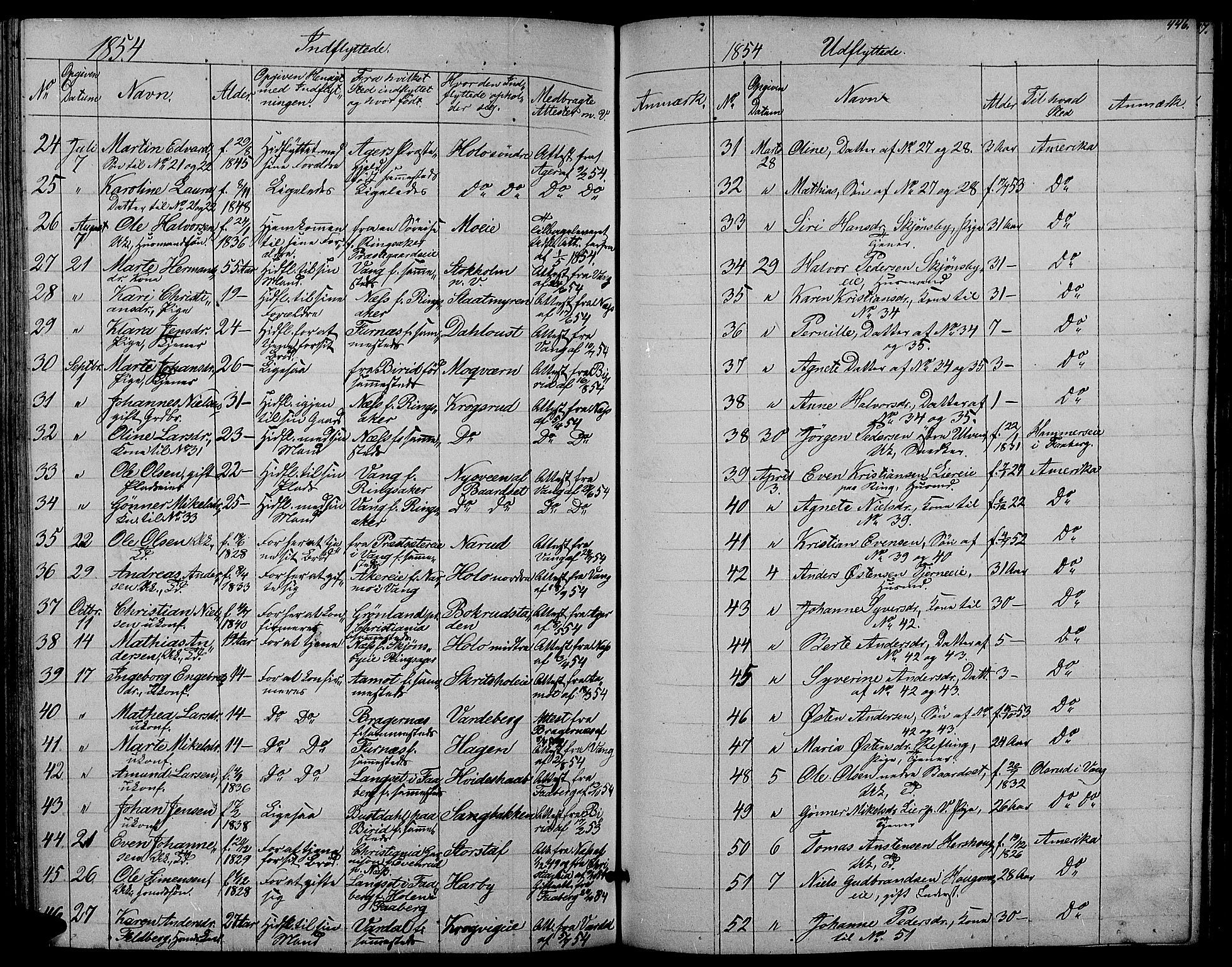 Ringsaker prestekontor, AV/SAH-PREST-014/L/La/L0006: Parish register (copy) no. 6, 1851-1860, p. 446