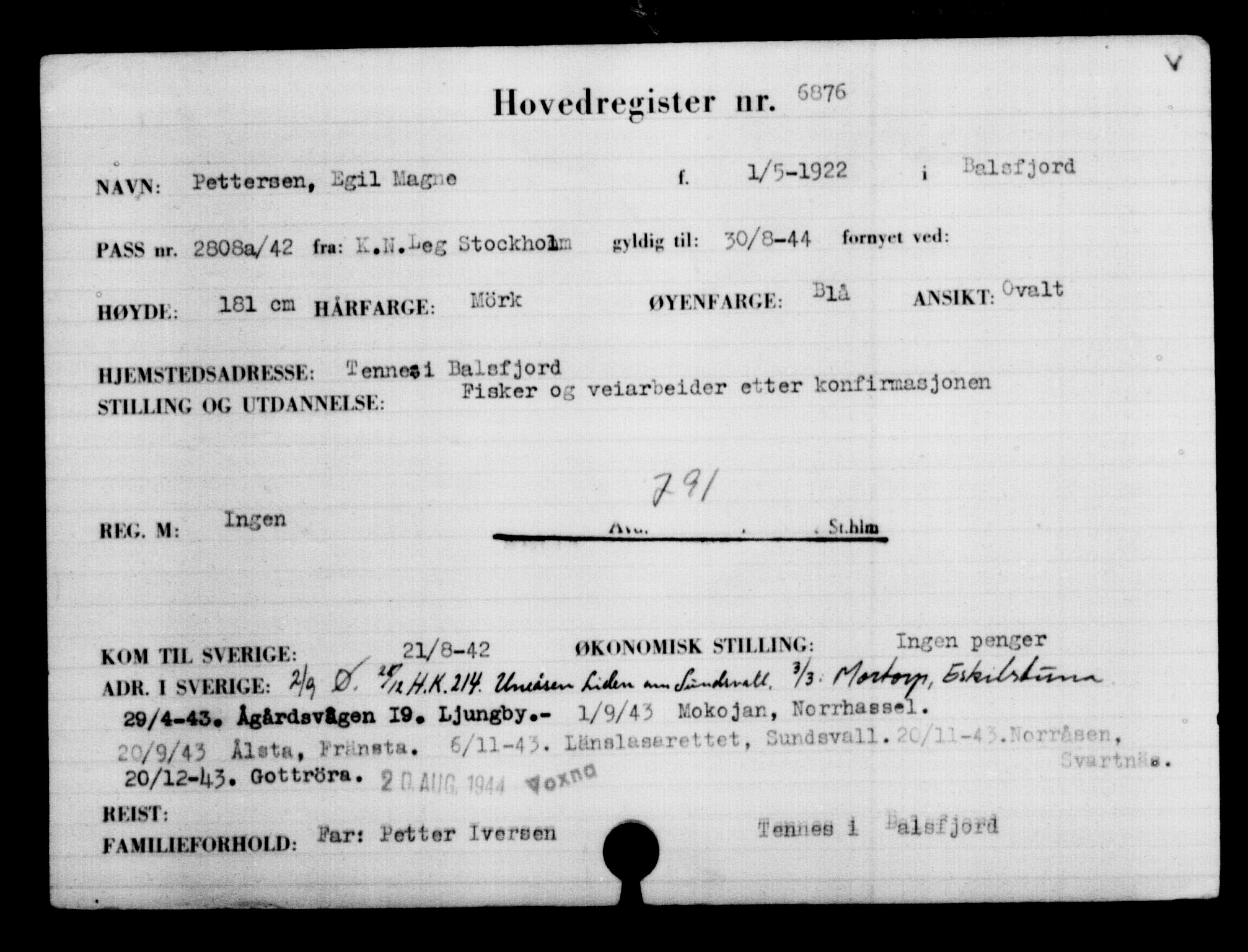 Utenriksstasjonene, Legasjonen i Stockholm, Flyktningkontoret, AV/RA-S-6753/V/Va/L0005: Kjesäterkartoteket, flyktninger med registreringsnr. 6600-9417, 1940-1945, p. 338