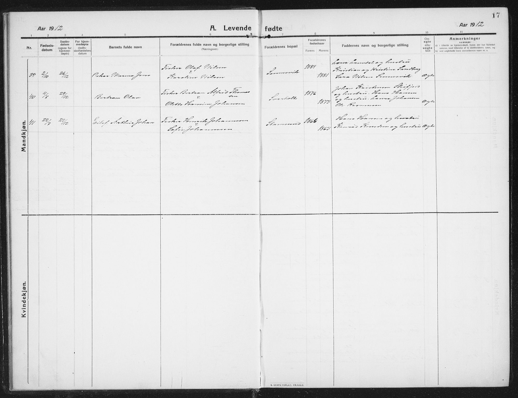 Ministerialprotokoller, klokkerbøker og fødselsregistre - Nordland, AV/SAT-A-1459/882/L1183: Parish register (copy) no. 882C01, 1911-1938, p. 17