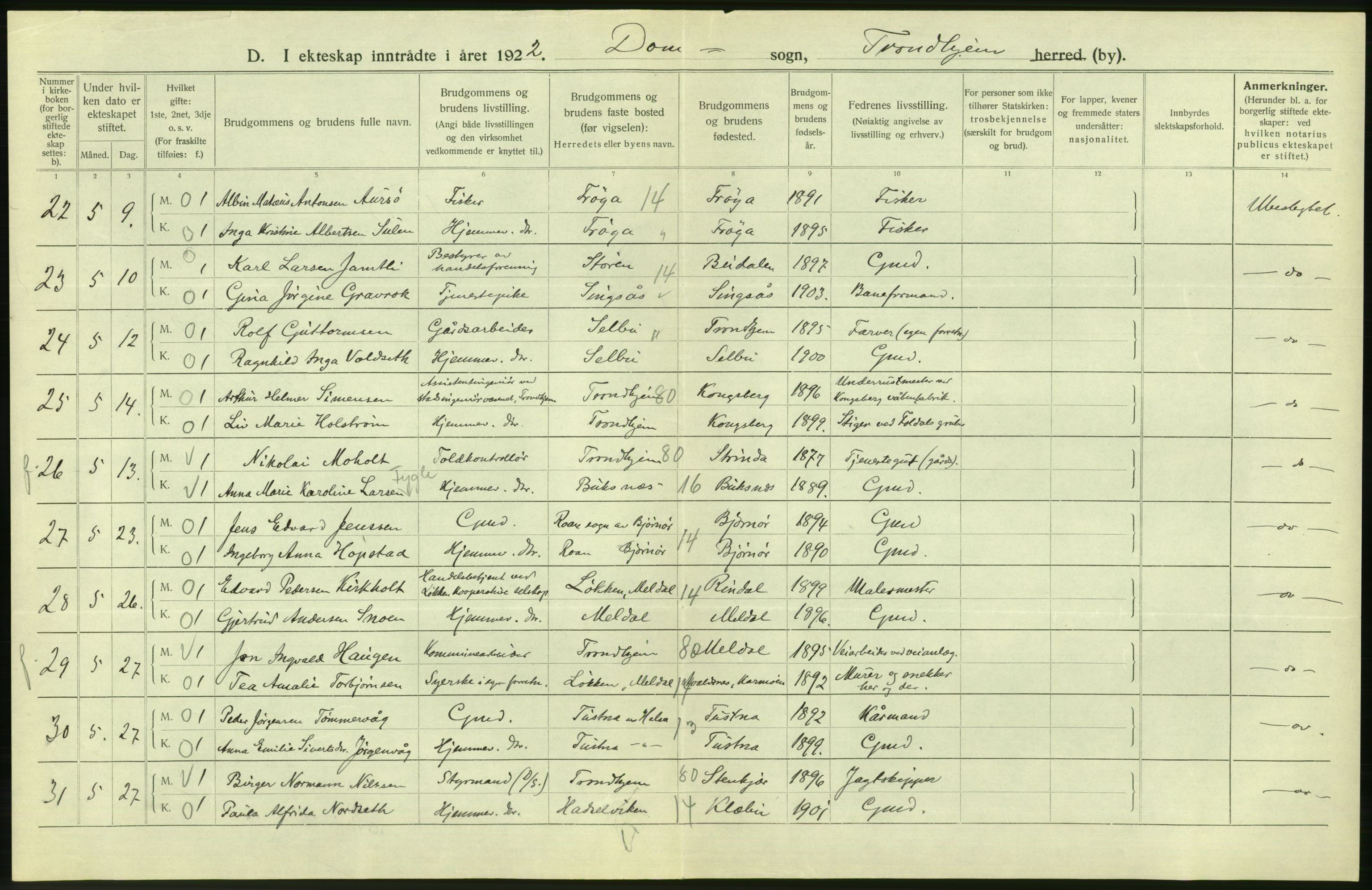 Statistisk sentralbyrå, Sosiodemografiske emner, Befolkning, AV/RA-S-2228/D/Df/Dfc/Dfcb/L0040: Trondheim: Gifte, døde, dødfødte., 1922, p. 60