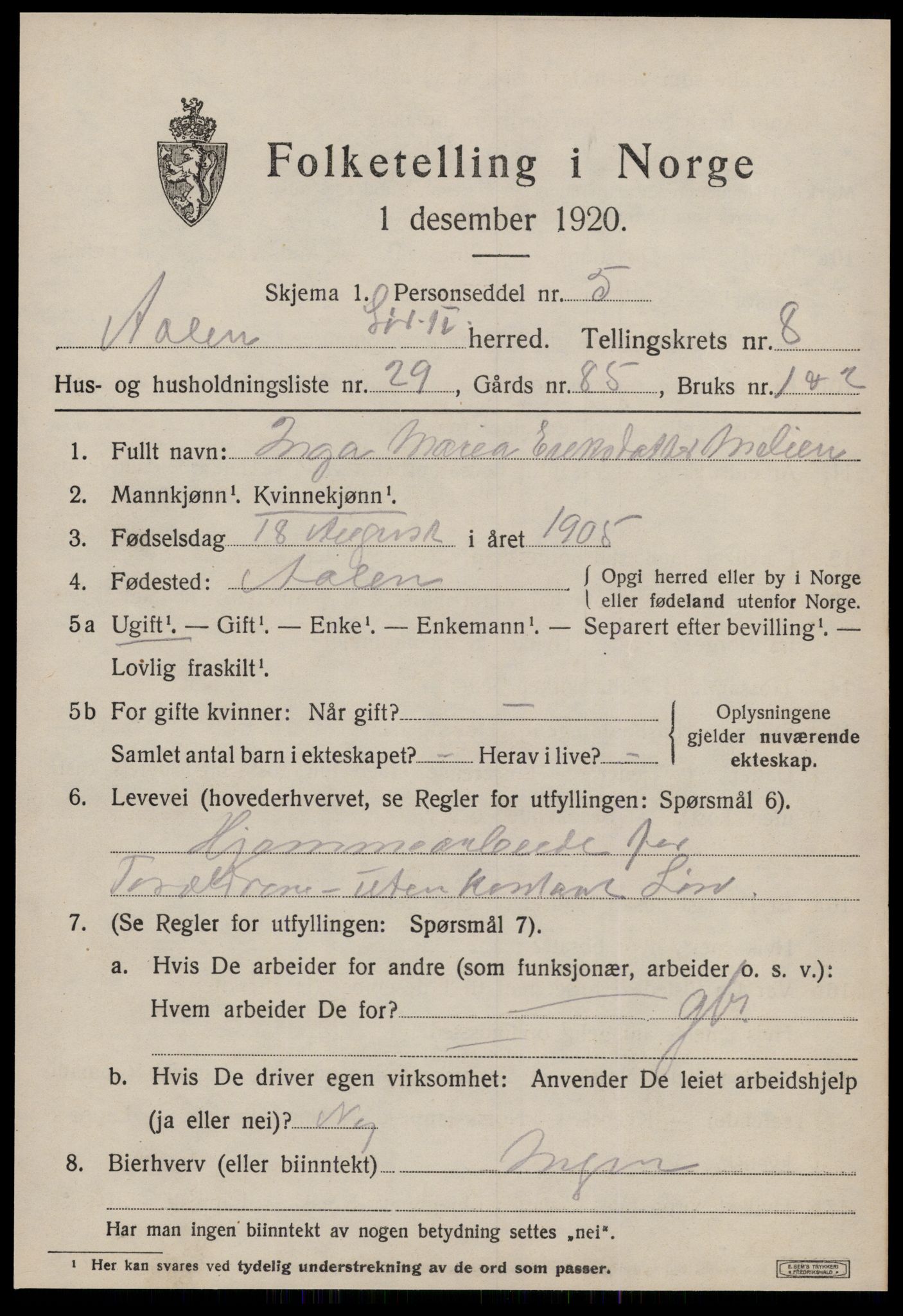 SAT, 1920 census for Ålen, 1920, p. 4062