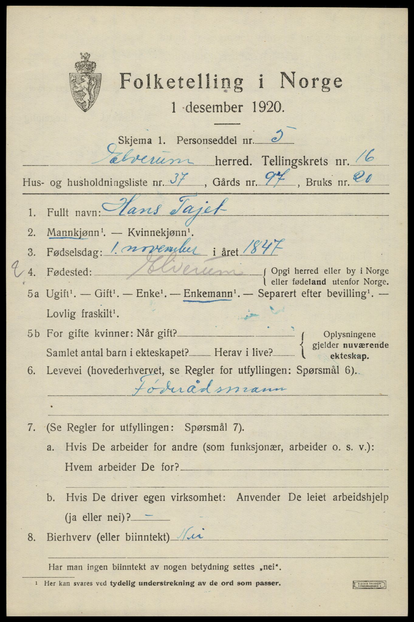 SAH, 1920 census for Elverum, 1920, p. 21208