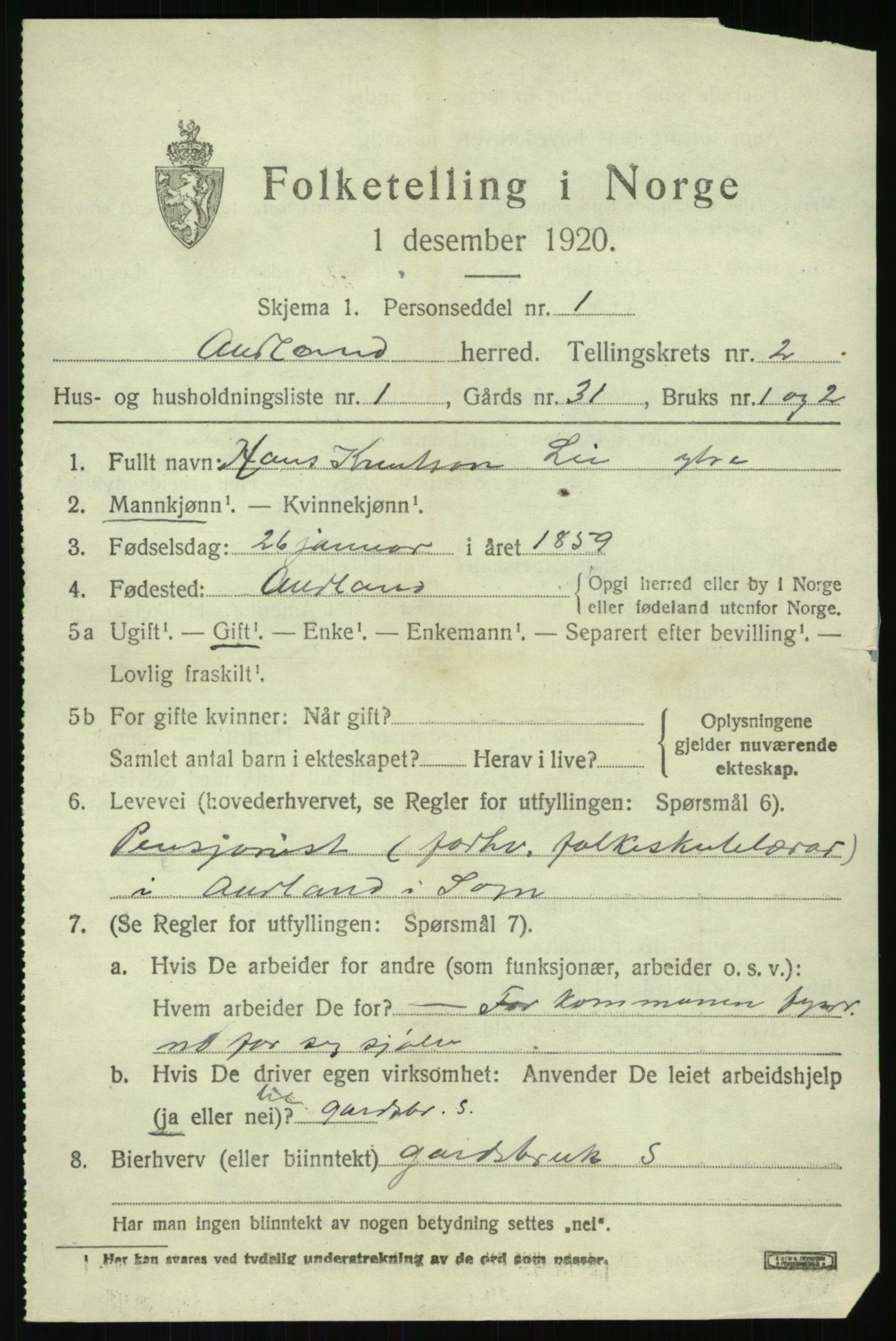 SAB, 1920 census for Aurland, 1920, p. 1836