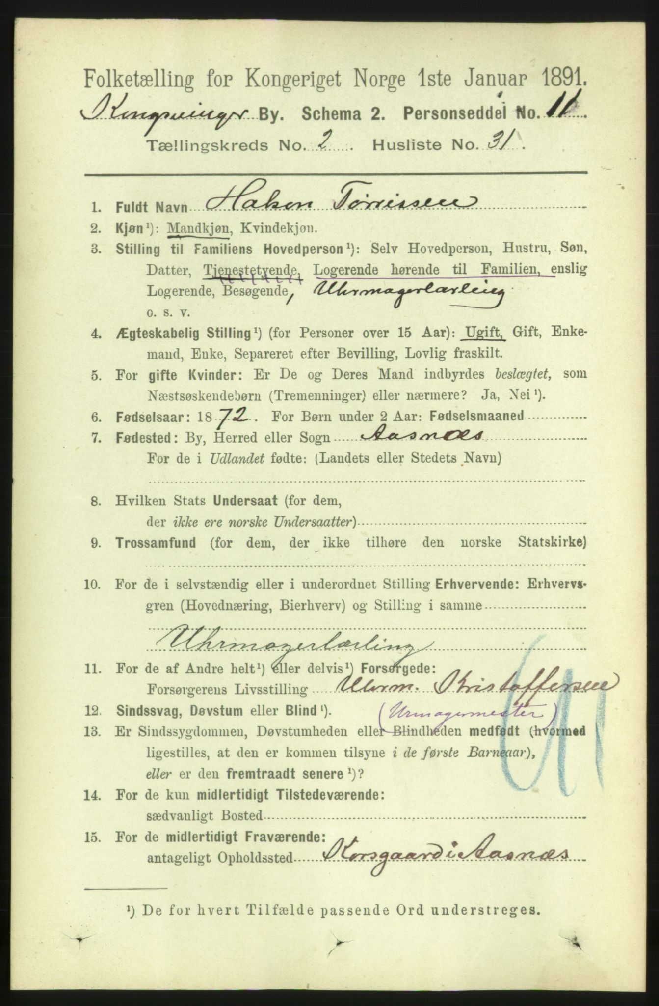 RA, 1891 census for 0402 Kongsvinger, 1891, p. 1096