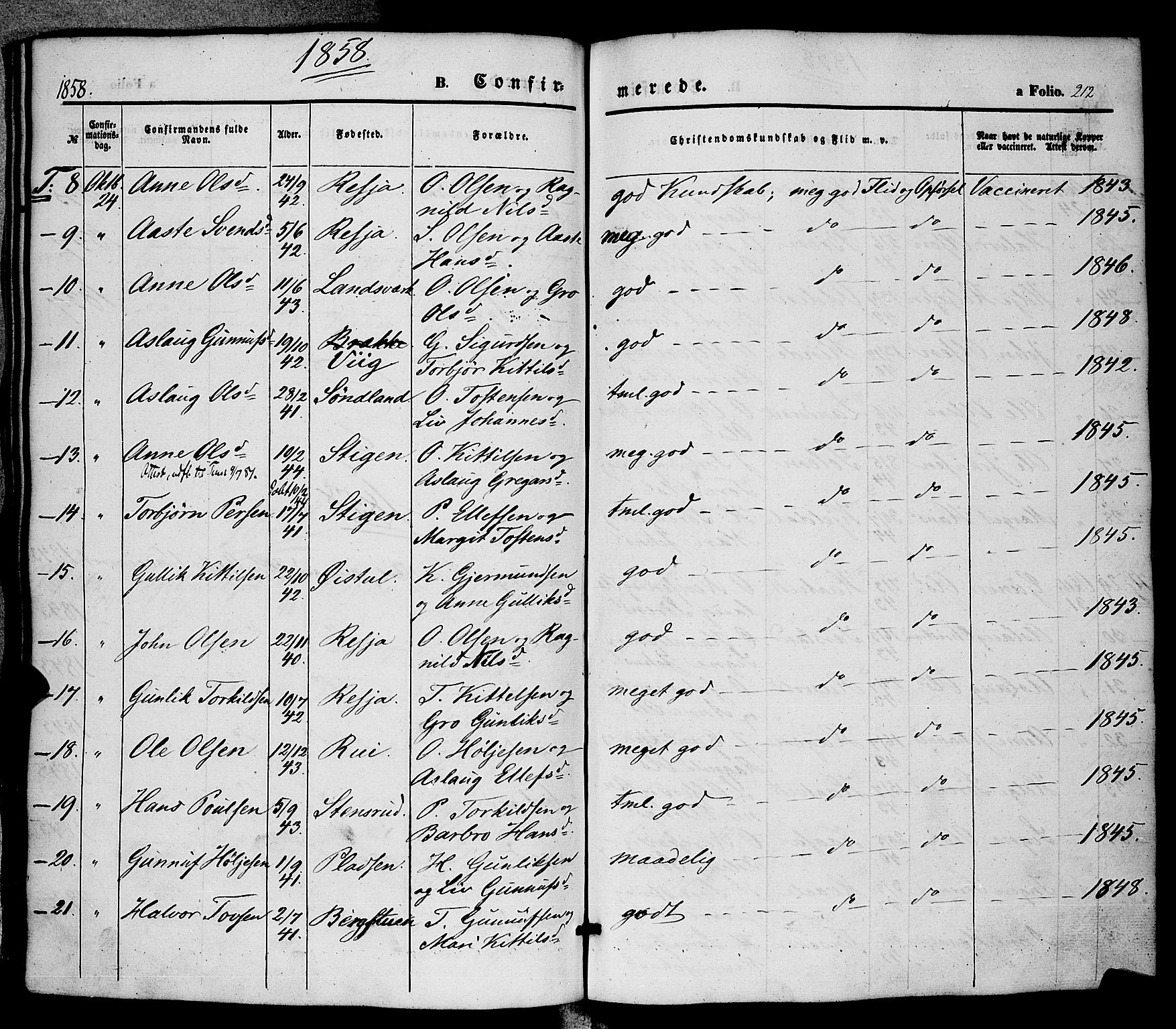Hjartdal kirkebøker, SAKO/A-270/F/Fa/L0008: Parish register (official) no. I 8, 1844-1859, p. 212