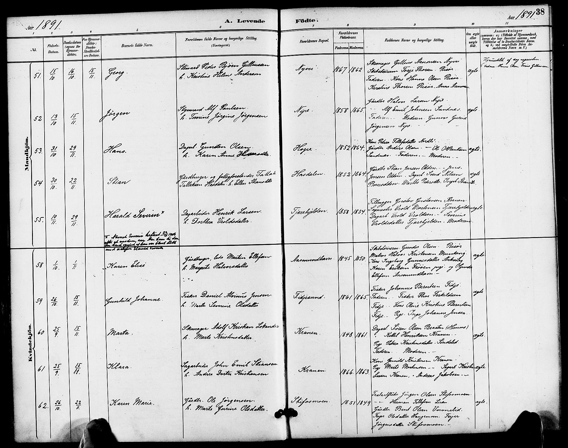 Søndeled sokneprestkontor, AV/SAK-1111-0038/F/Fa/L0005: Parish register (official) no. A 5, 1889-1899, p. 38