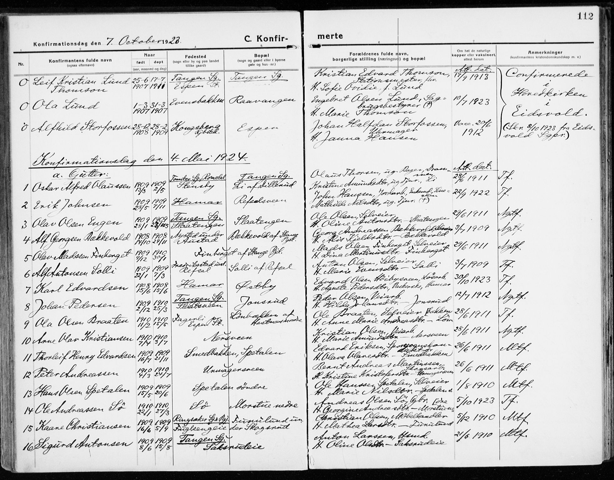 Stange prestekontor, AV/SAH-PREST-002/K/L0025: Parish register (official) no. 25, 1921-1945, p. 112