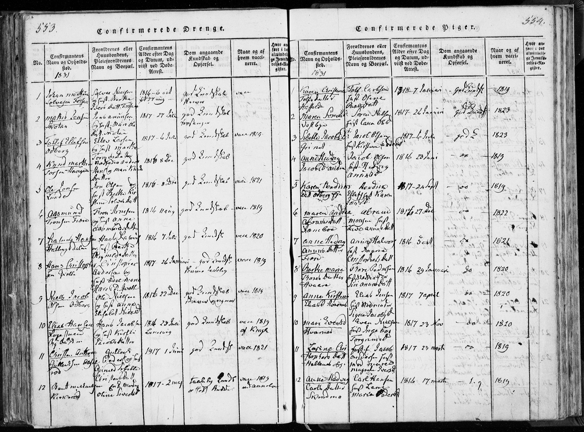 Hedrum kirkebøker, AV/SAKO-A-344/F/Fa/L0004: Parish register (official) no. I 4, 1817-1835, p. 553-554
