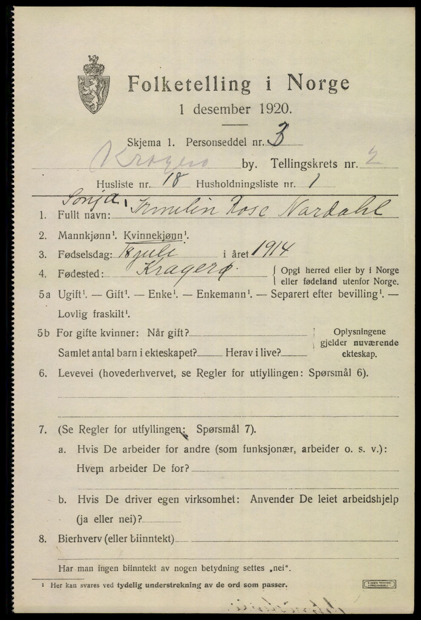 SAKO, 1920 census for Kragerø, 1920, p. 5553