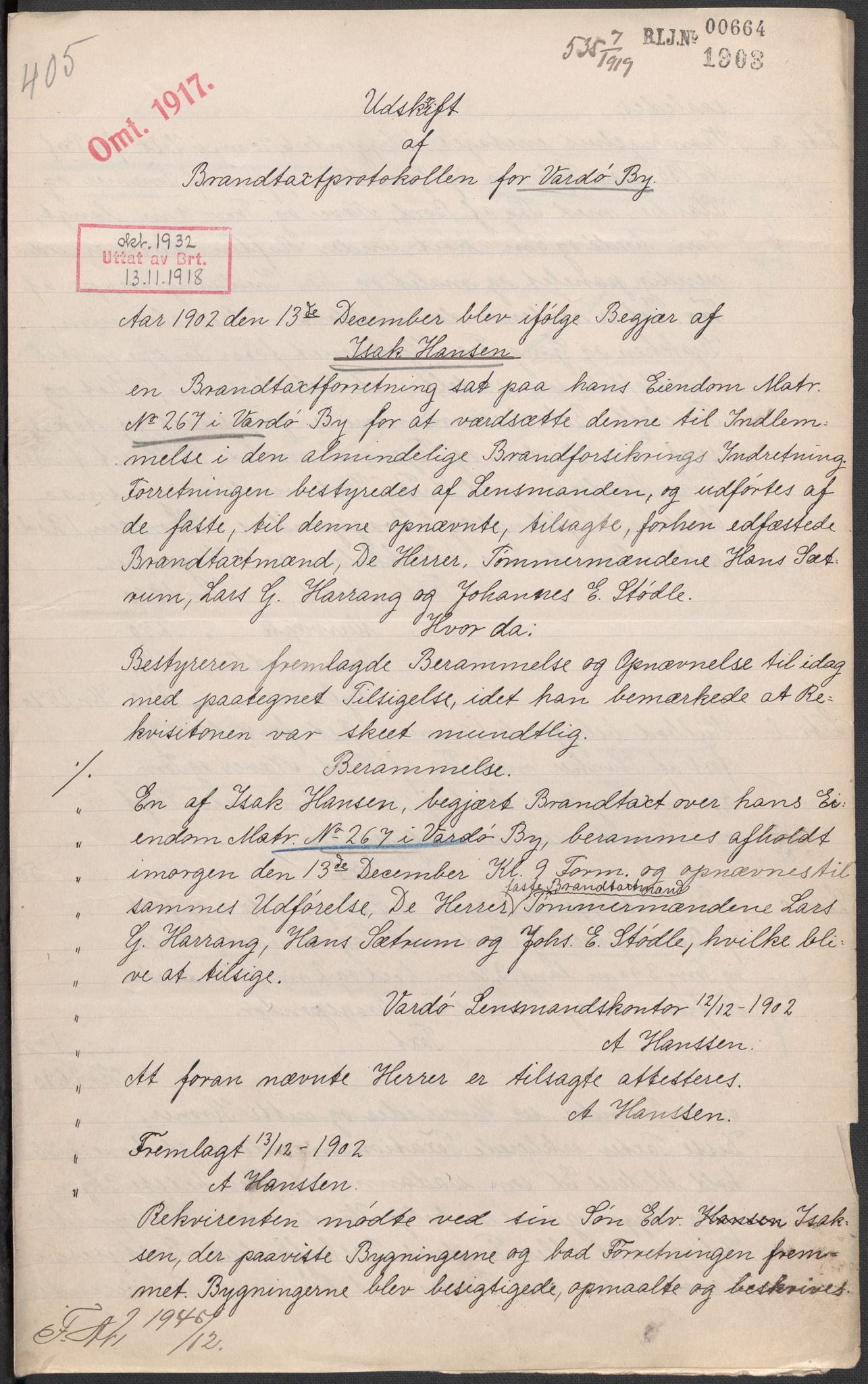 Norges Brannkasse, AV/RA-S-1549/E/Eu/L0019: Branntakster for Vardø by, 1889-1955, p. 45