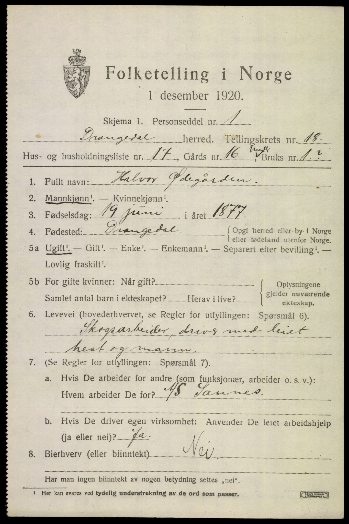 SAKO, 1920 census for Drangedal, 1920, p. 8467