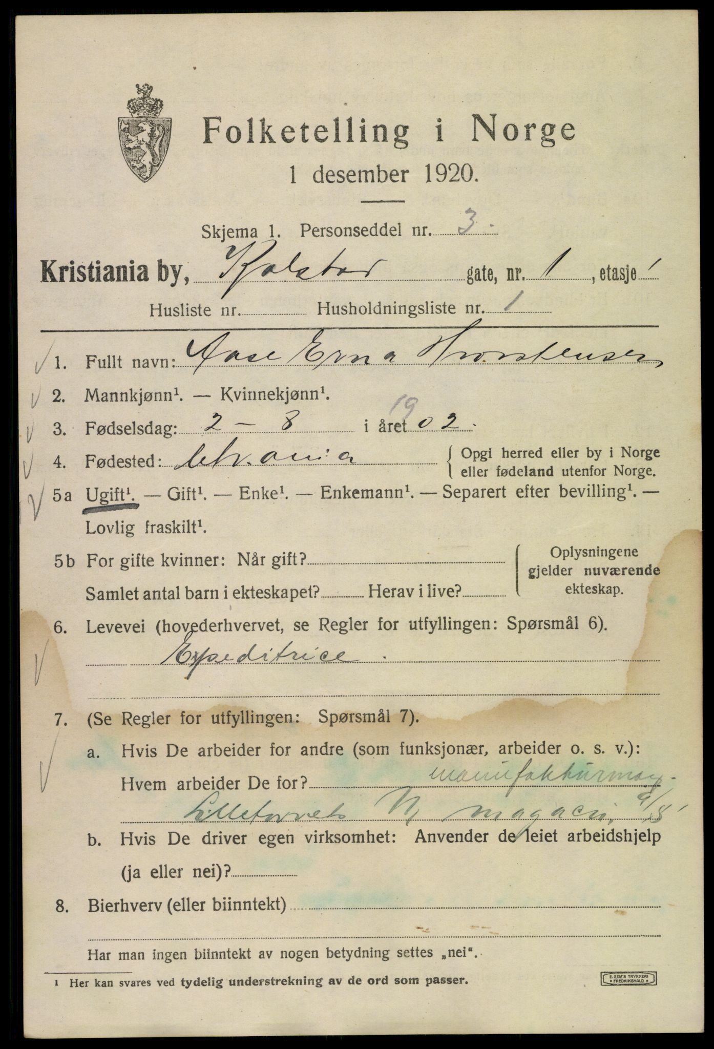 SAO, 1920 census for Kristiania, 1920, p. 345329