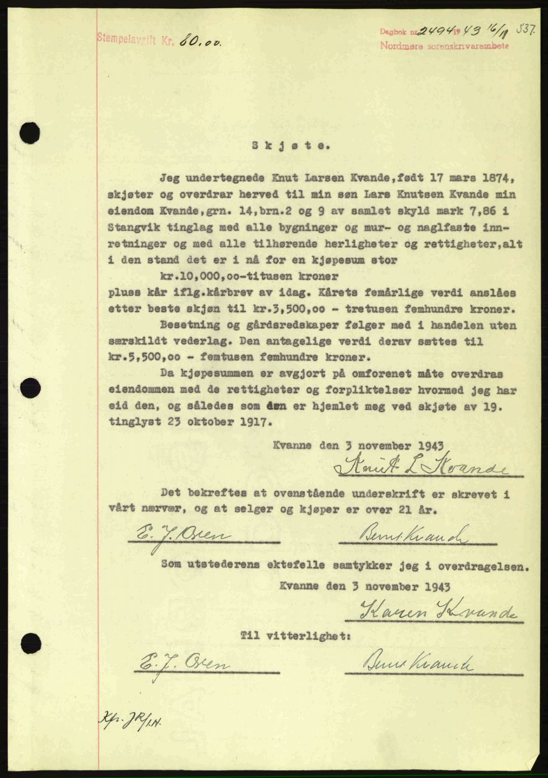 Nordmøre sorenskriveri, SAT/A-4132/1/2/2Ca: Mortgage book no. A96, 1943-1944, Diary no: : 2494/1943