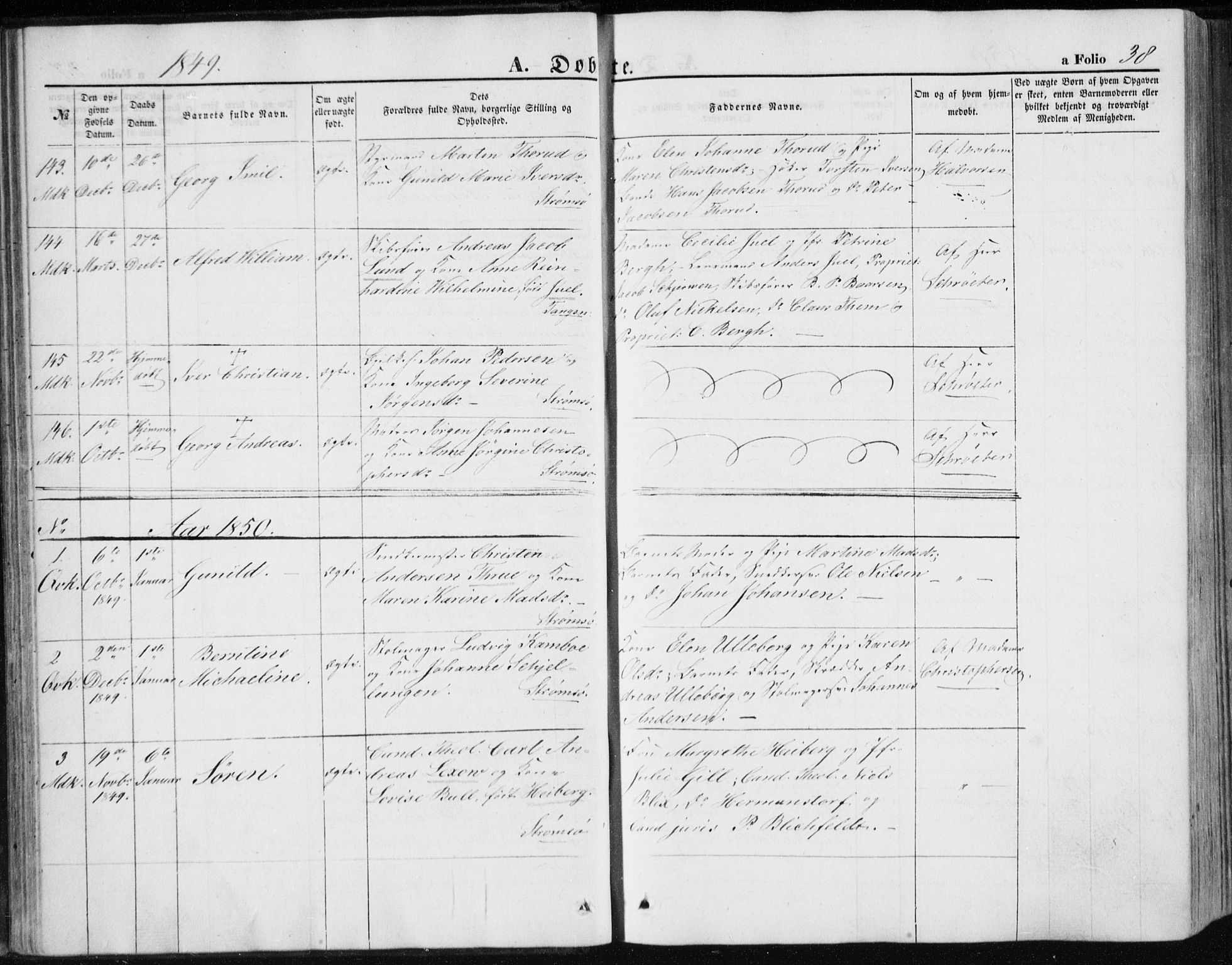 Strømsø kirkebøker, AV/SAKO-A-246/F/Fa/L0014: Parish register (official) no. I 14, 1848-1858, p. 38