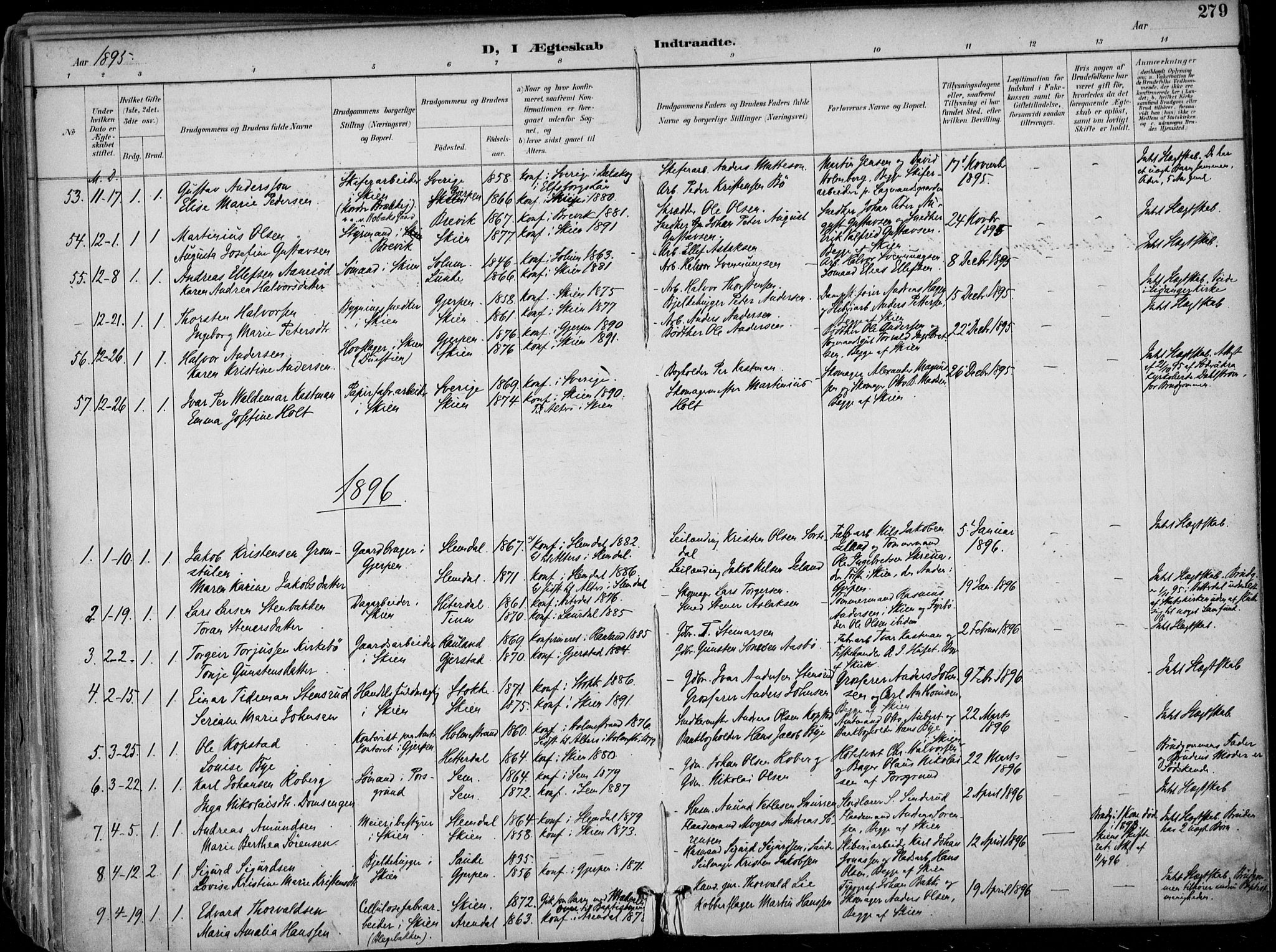 Skien kirkebøker, AV/SAKO-A-302/F/Fa/L0010: Parish register (official) no. 10, 1891-1899, p. 279
