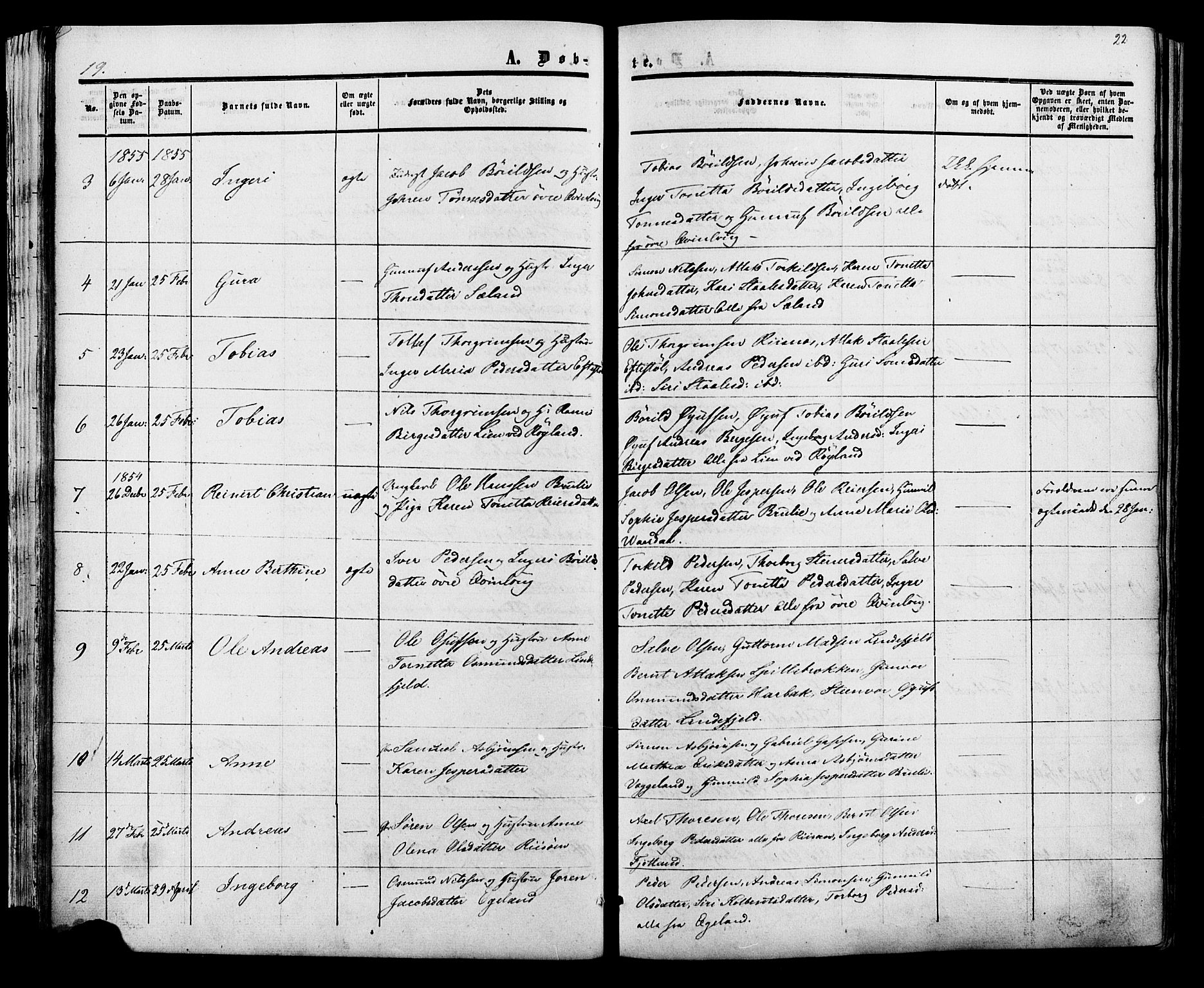 Fjotland sokneprestkontor, SAK/1111-0010/F/Fa/L0001: Parish register (official) no. A 1, 1850-1879, p. 22