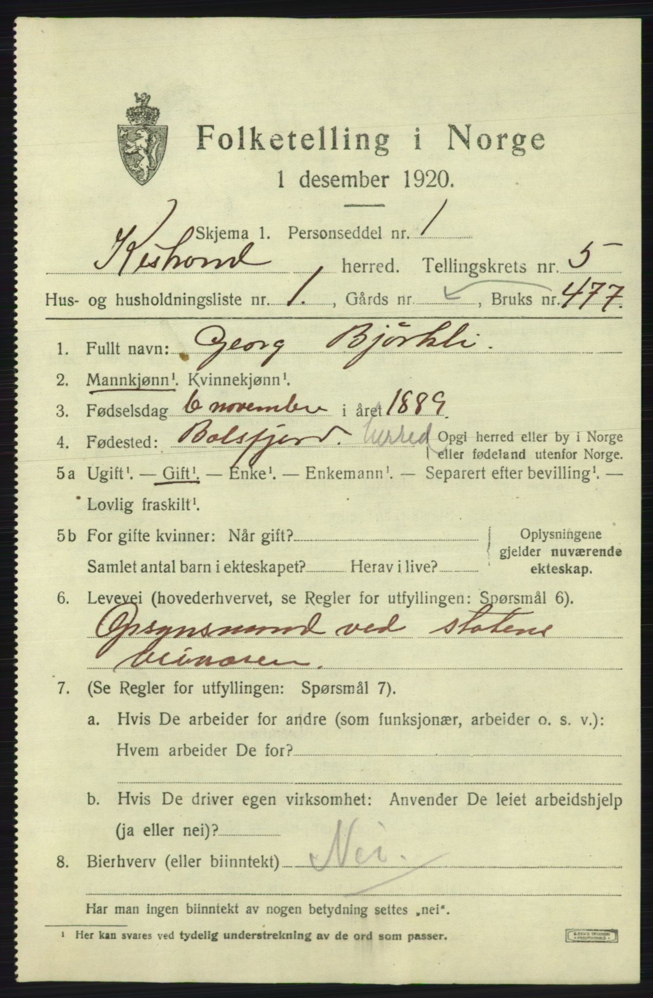 SATØ, 1920 census for Kistrand, 1920, p. 3076