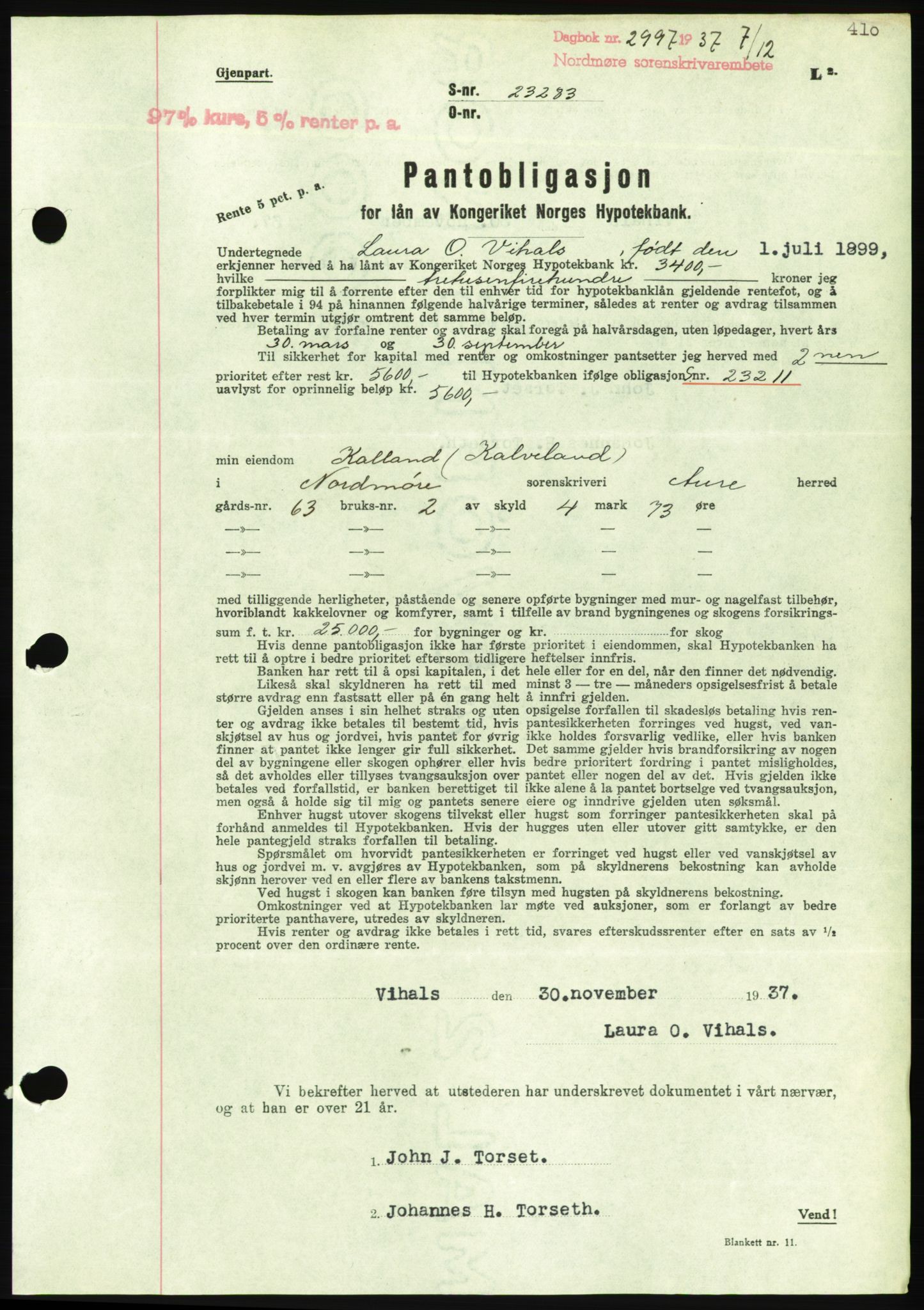 Nordmøre sorenskriveri, AV/SAT-A-4132/1/2/2Ca/L0092: Mortgage book no. B82, 1937-1938, Diary no: : 2997/1937